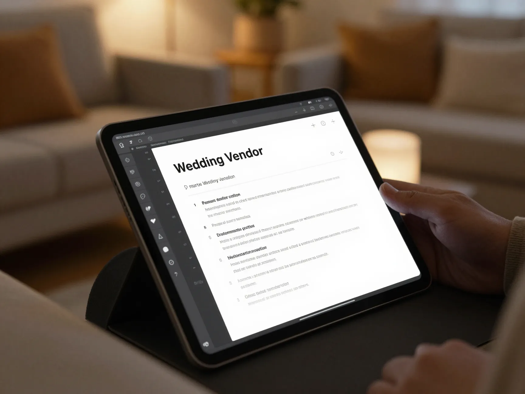 Ai drafting wedding vendor email on tablet in cozy living room