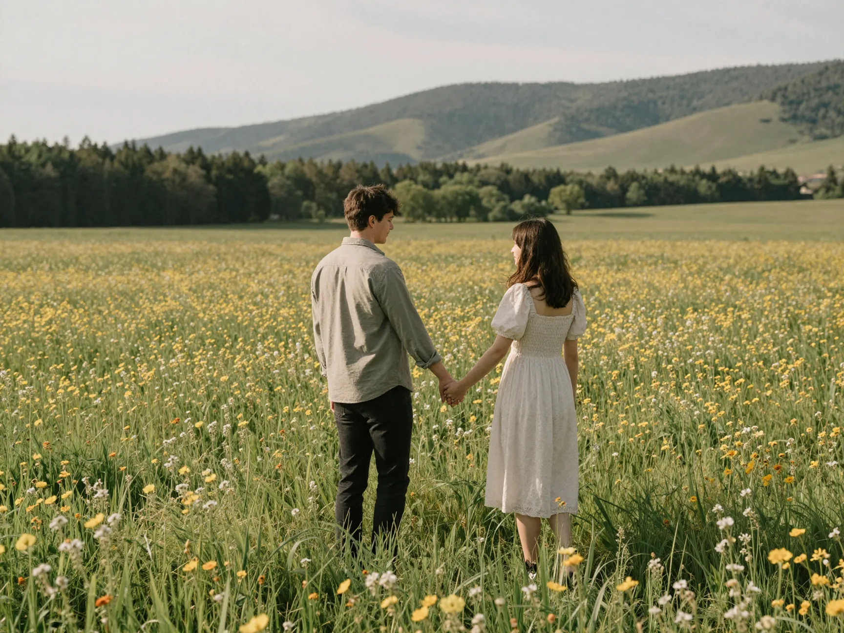 Couple in open wildflower meadow environmental context engagement photo
