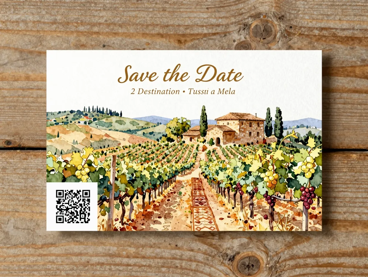 Destination themed save the date card illustrated tuscan vineyard scene