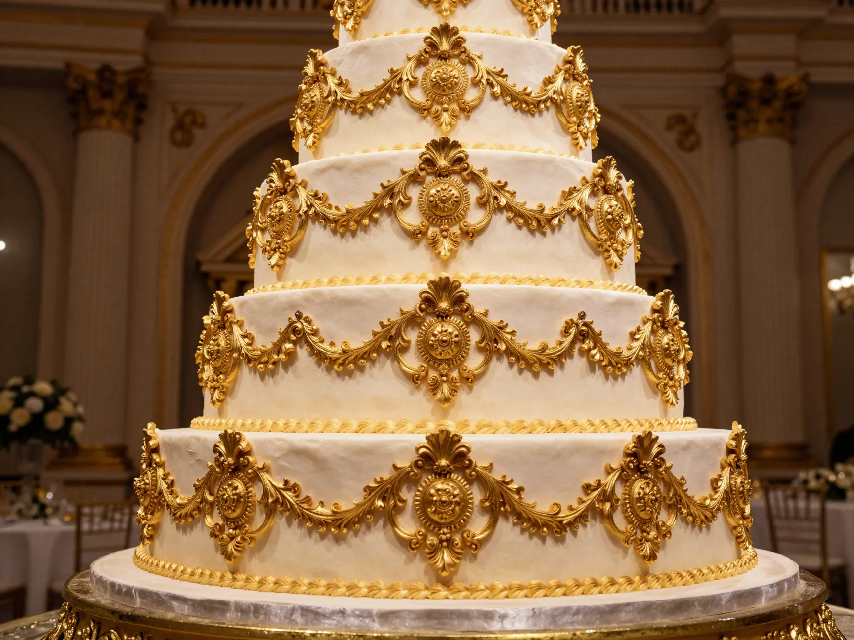 Elaborate baroque gold scrollwork piping on ivory wedding cake