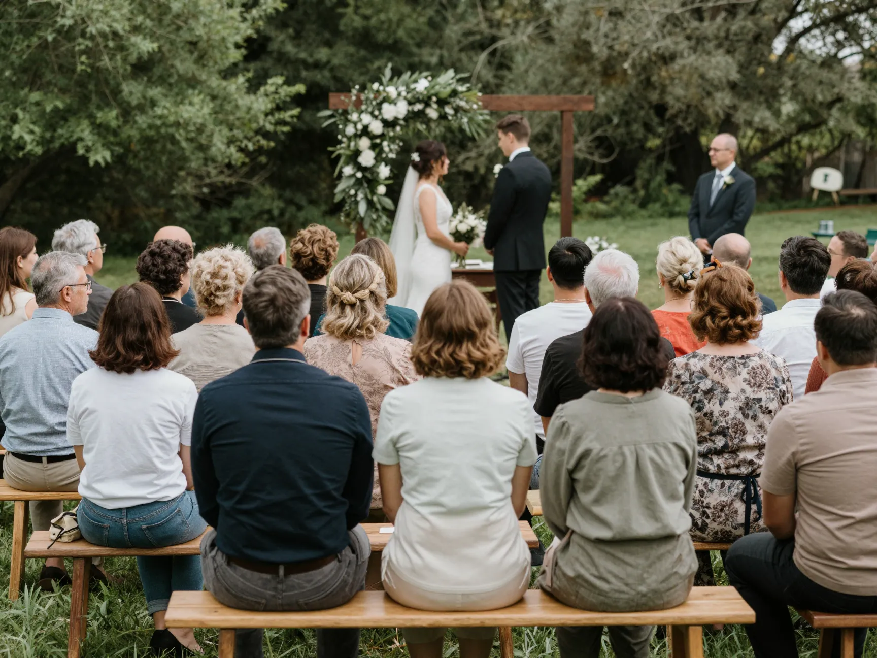 Intimate outdoor ceremony with small group of close friends and family