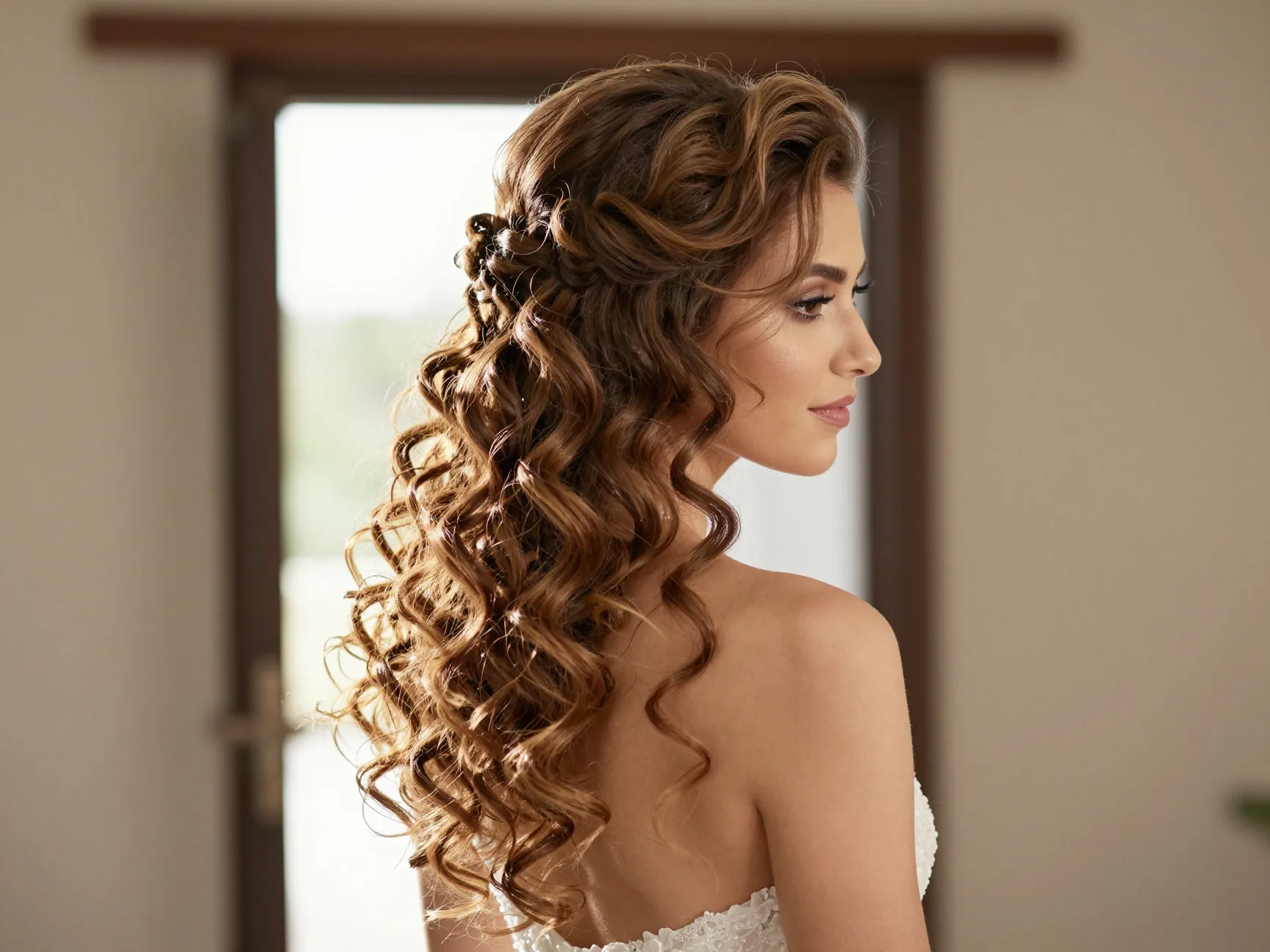 Half up half down bridal hair with voluminous crown and curls