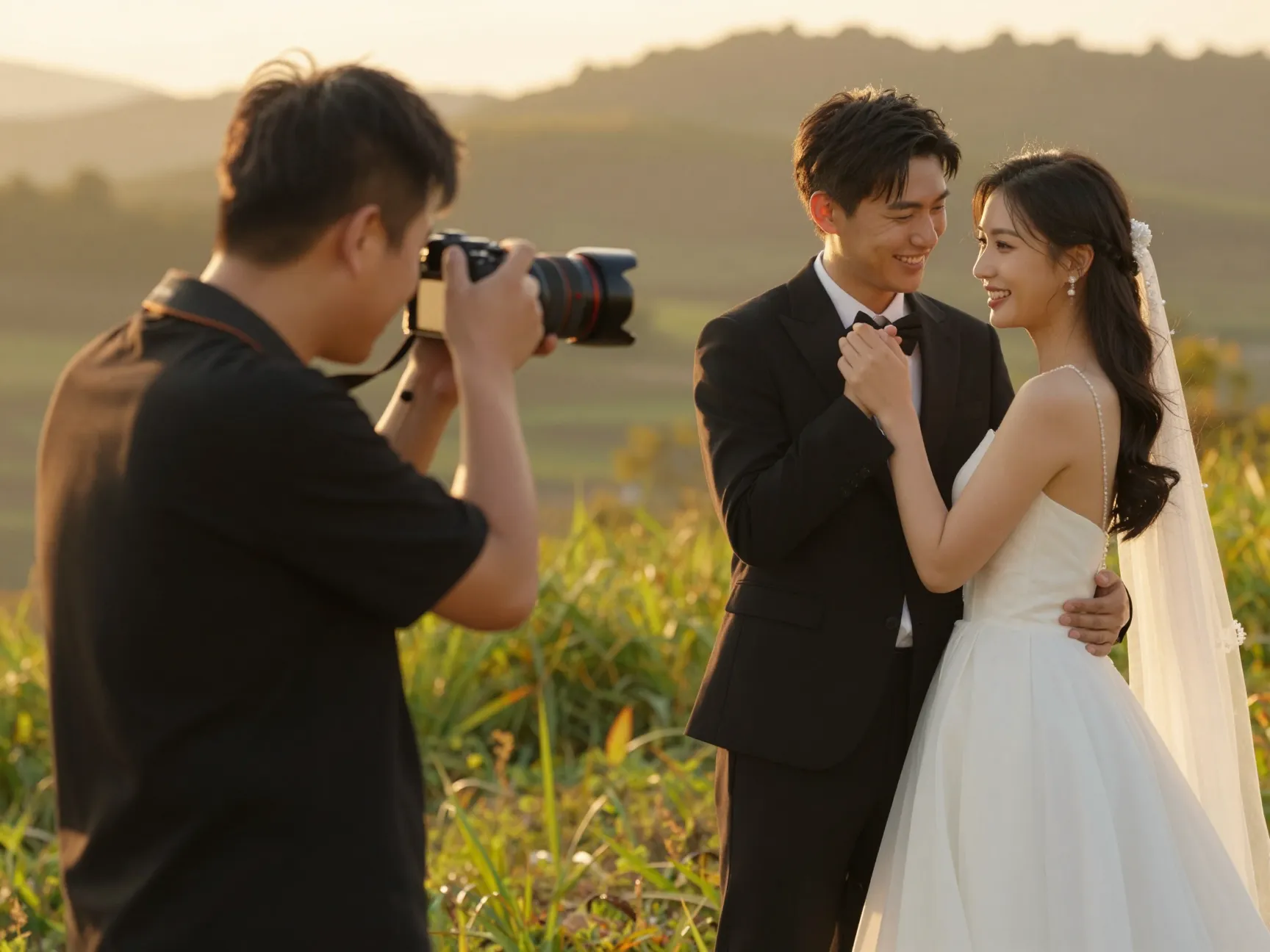 Skilled photographer capturing a couples romantic portrait in golden light