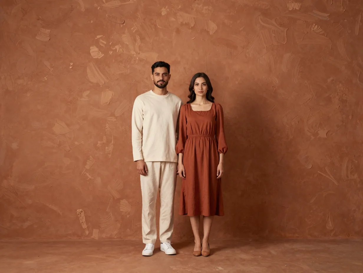 Couple against hand painted terracotta textured studio backdrop