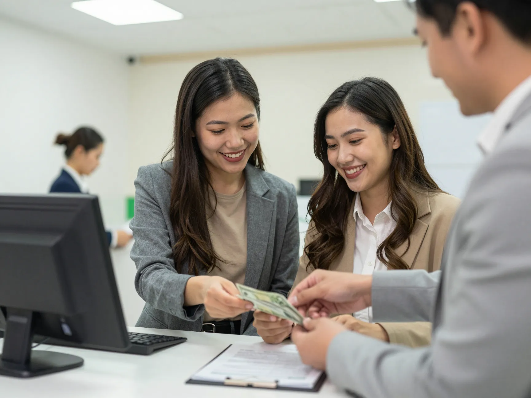 Couple depositing savings into joint account before engagement