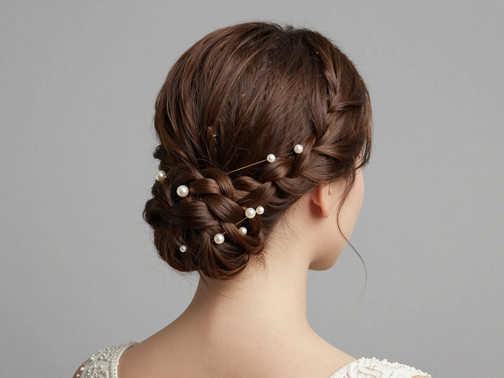 Textured low chignon bun with braided section and decorative pins