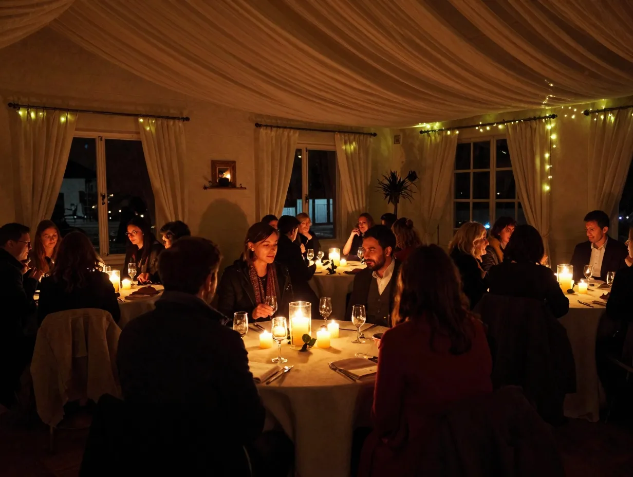 Cozy candlelit winter wedding reception in an intimate indoor space