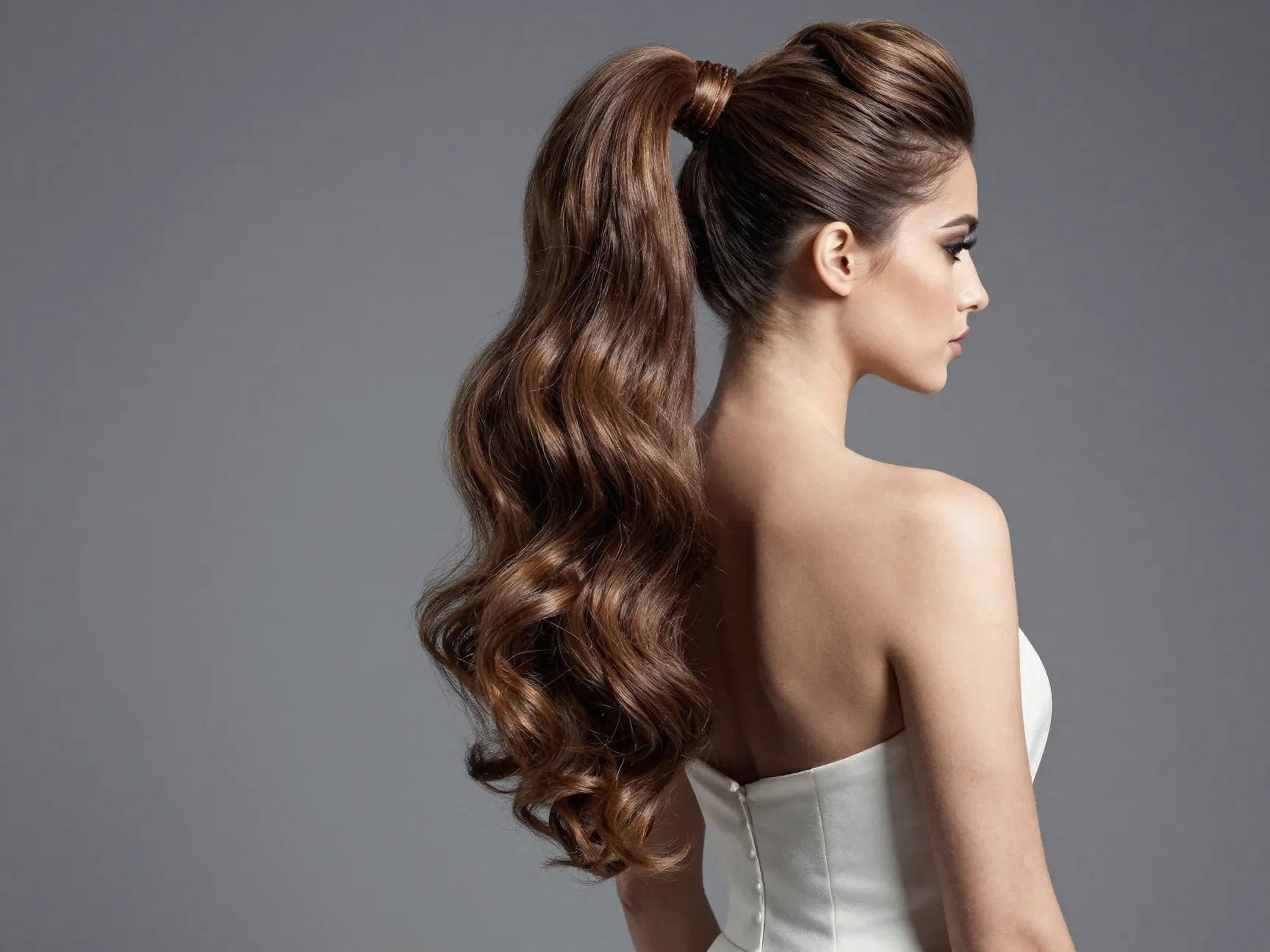 Voluminous high ponytail with teased crown and curled ends