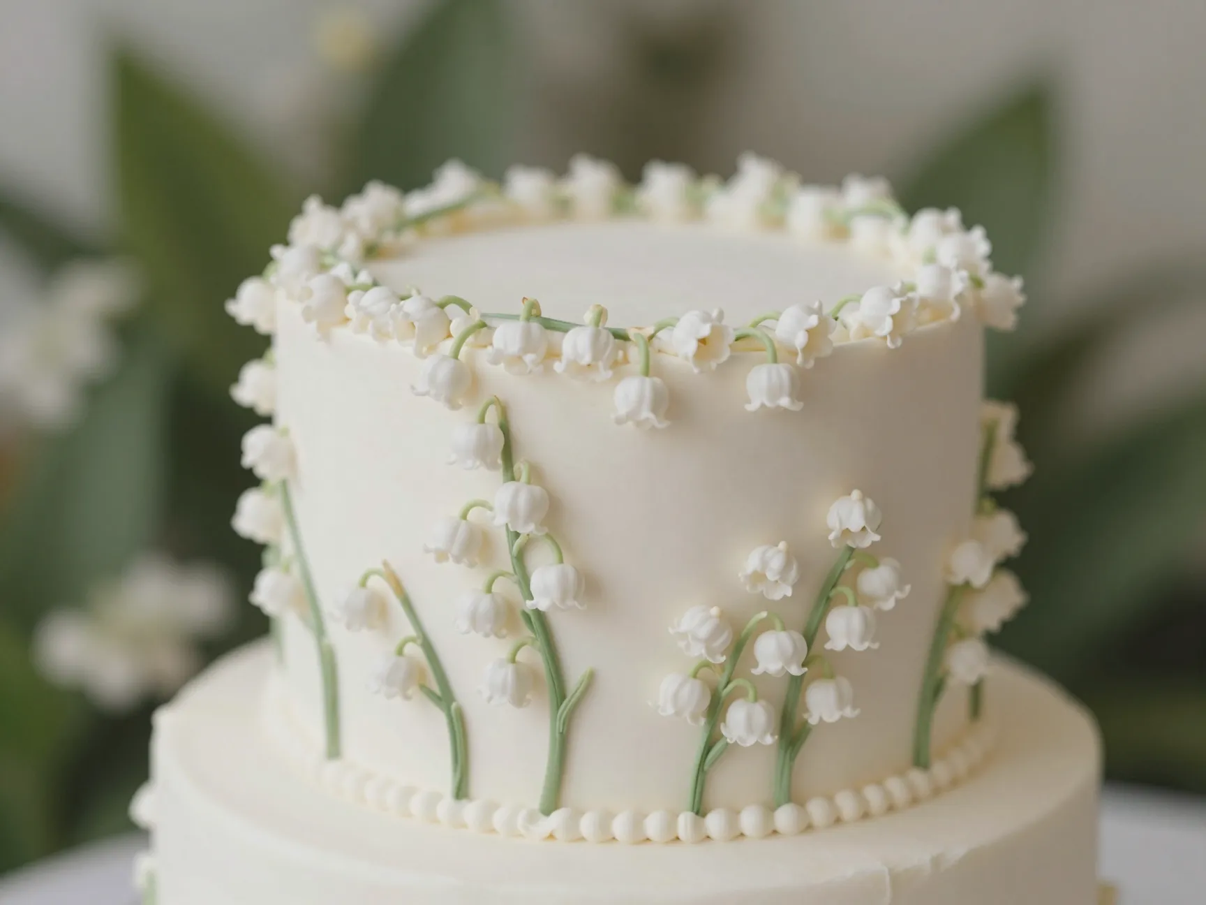 Delicate lily of the valley botanical piping on oval cake