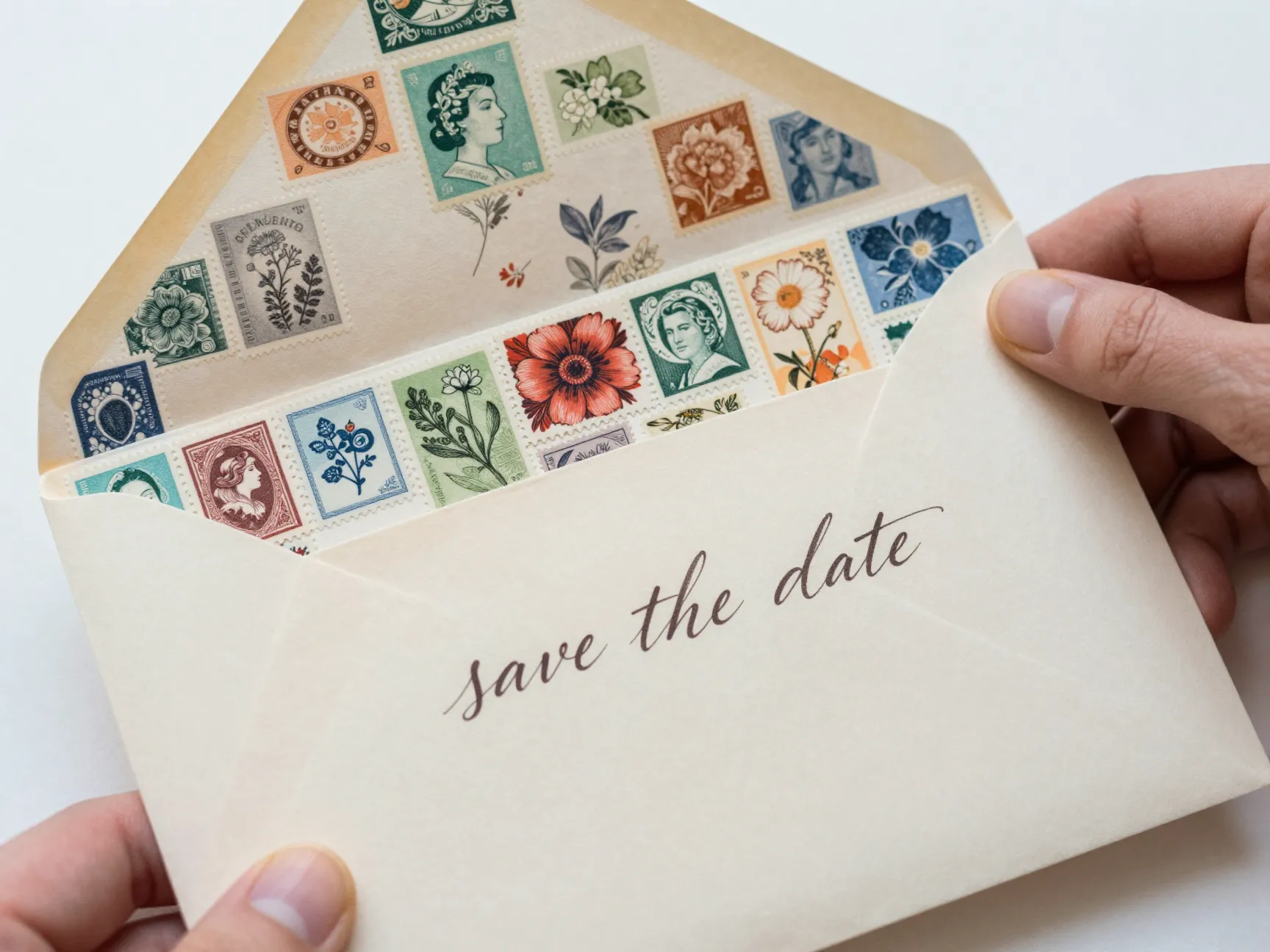 Envelope with vintage stamps and patterned liner opened revealing card