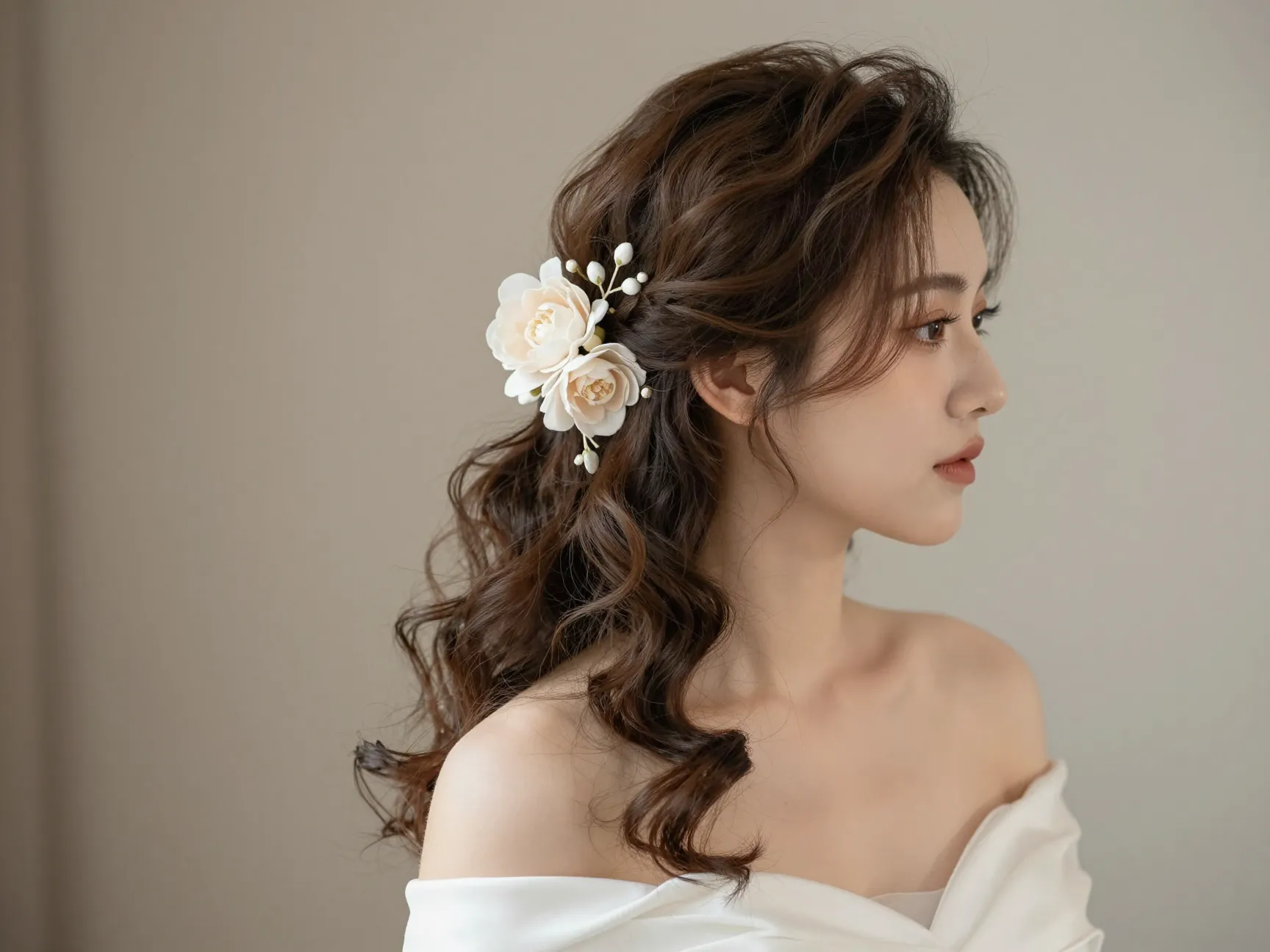 Swept side hairstyle with textured waves and large floral clip