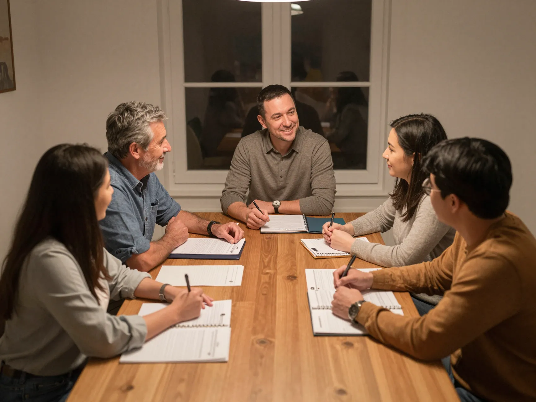 Two families discussing wedding budget contributions over dinner