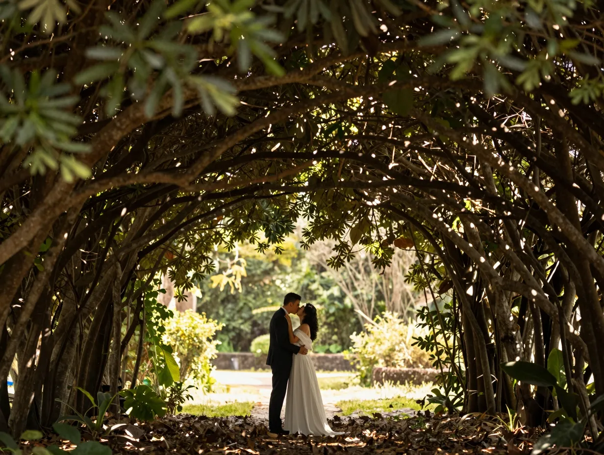 Couple framed within natural tree canopy arch engagement photo