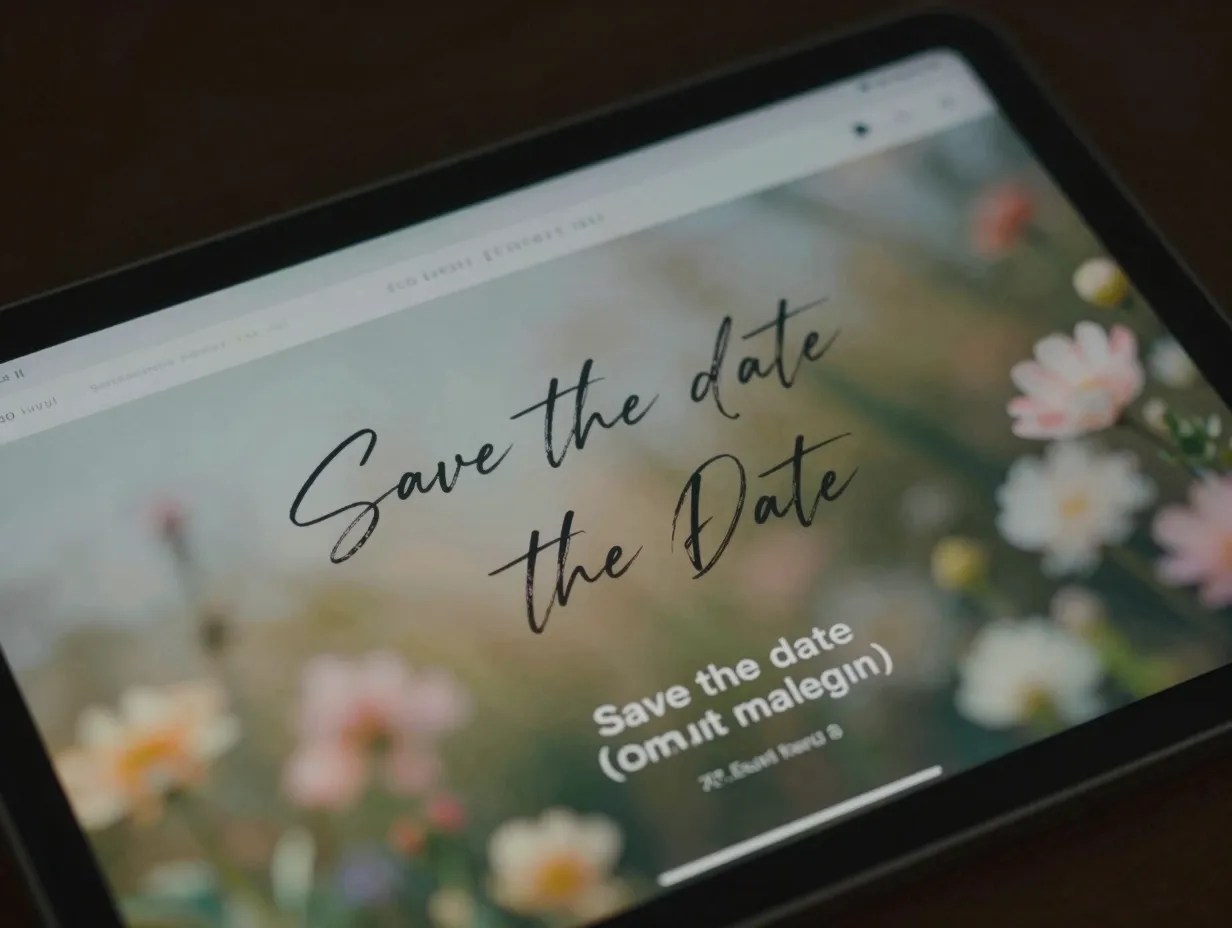 Eco luxury digital save the date with moving calligraphy on tablet