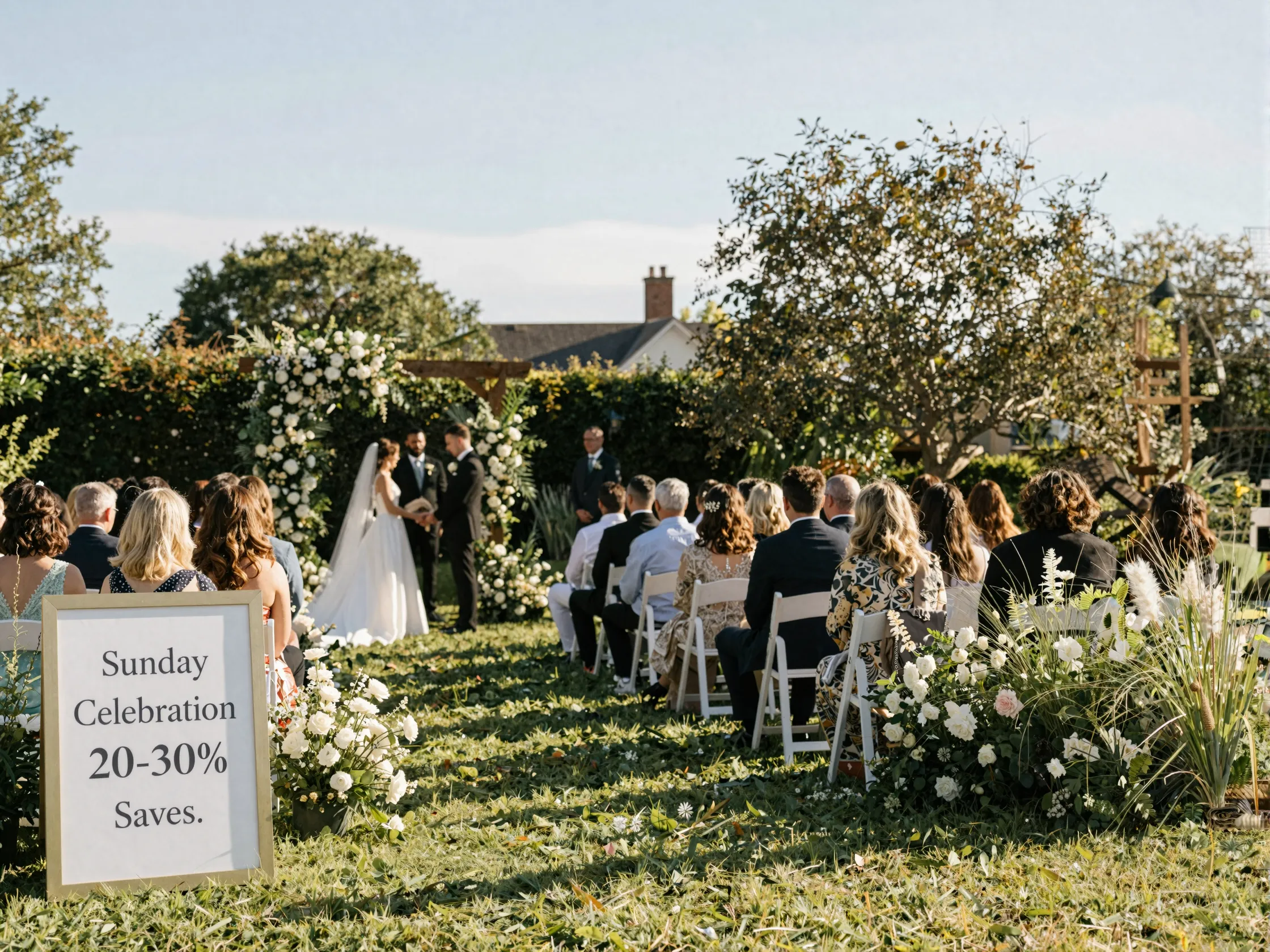 Sunday wedding ceremony in garden venue with lower cost signage
