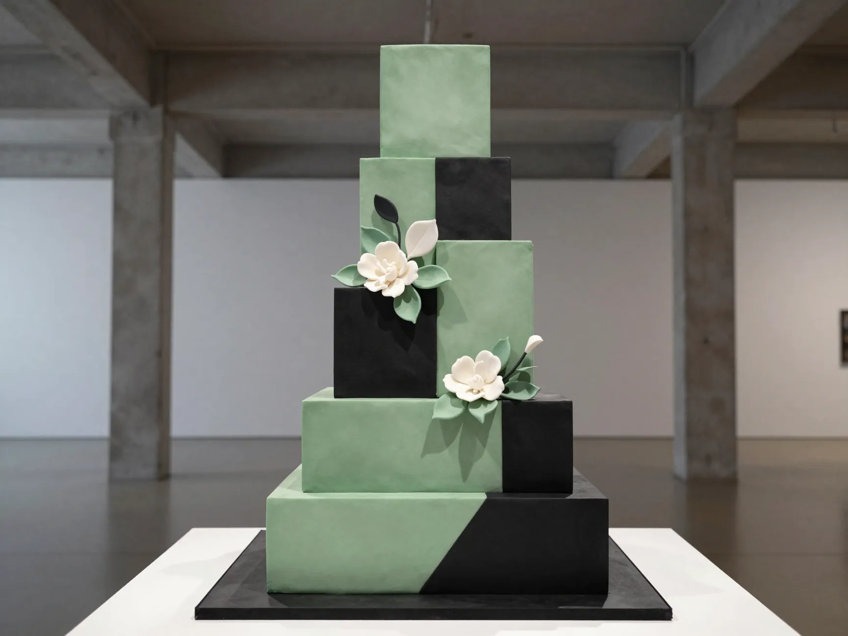 Color blocked geometric sage and black fondant art cake