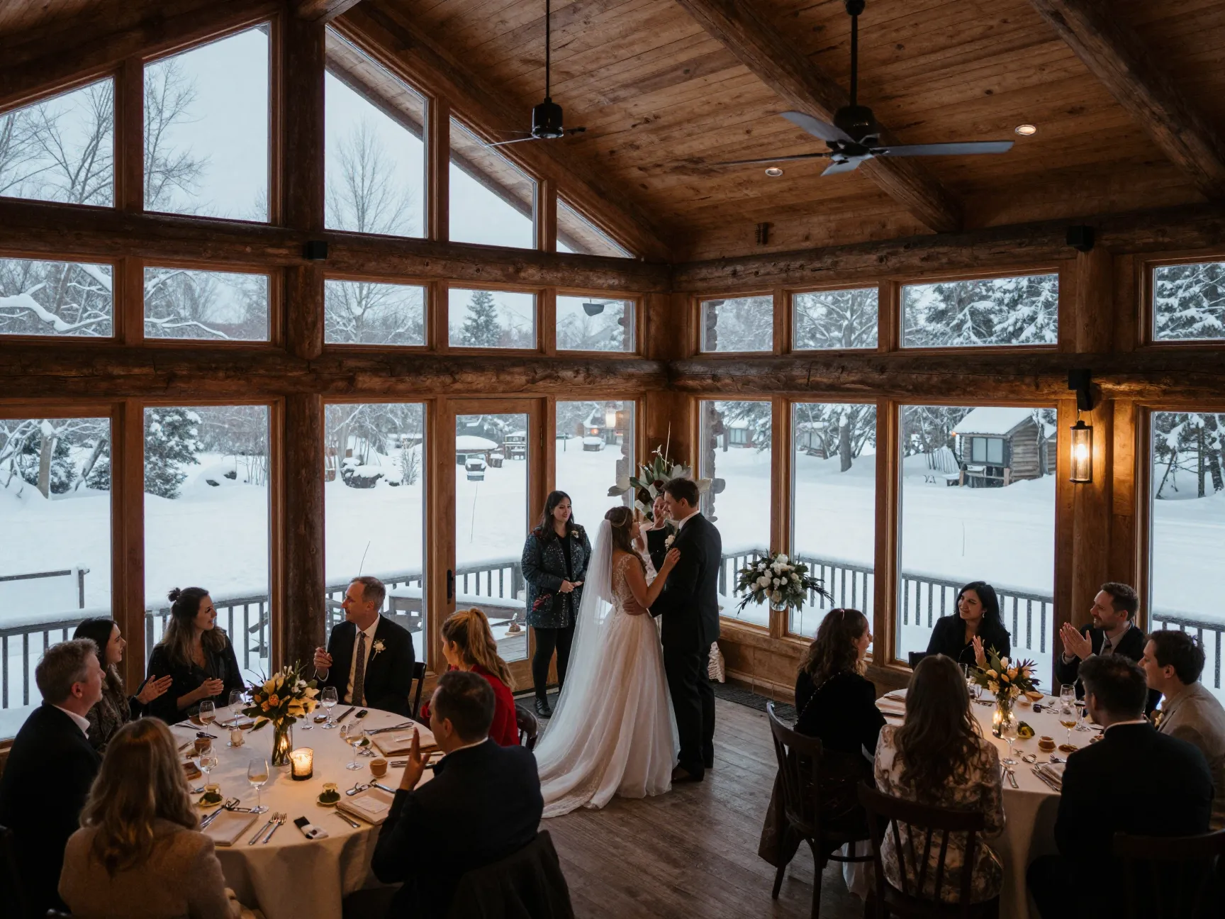 Winter off season wedding in cozy lodge with snowy landscape