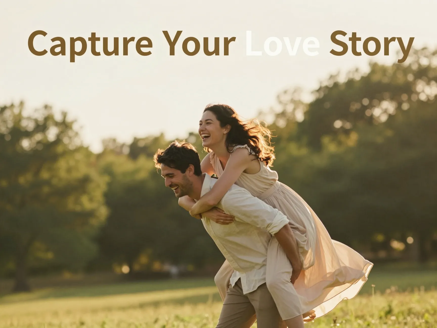 Couple piggyback ride golden hour park engagement photoshoot