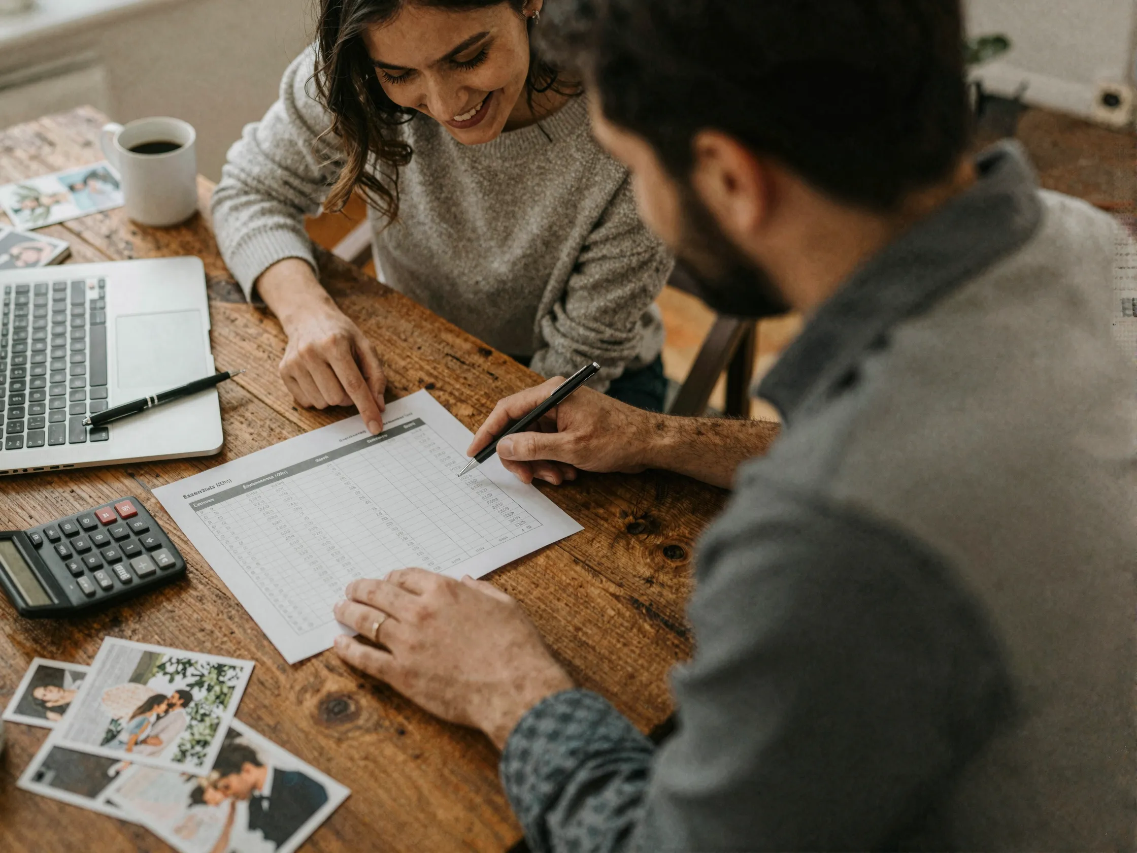 Bride and groom smiling at elegant wedding spreadsheet with budget categories