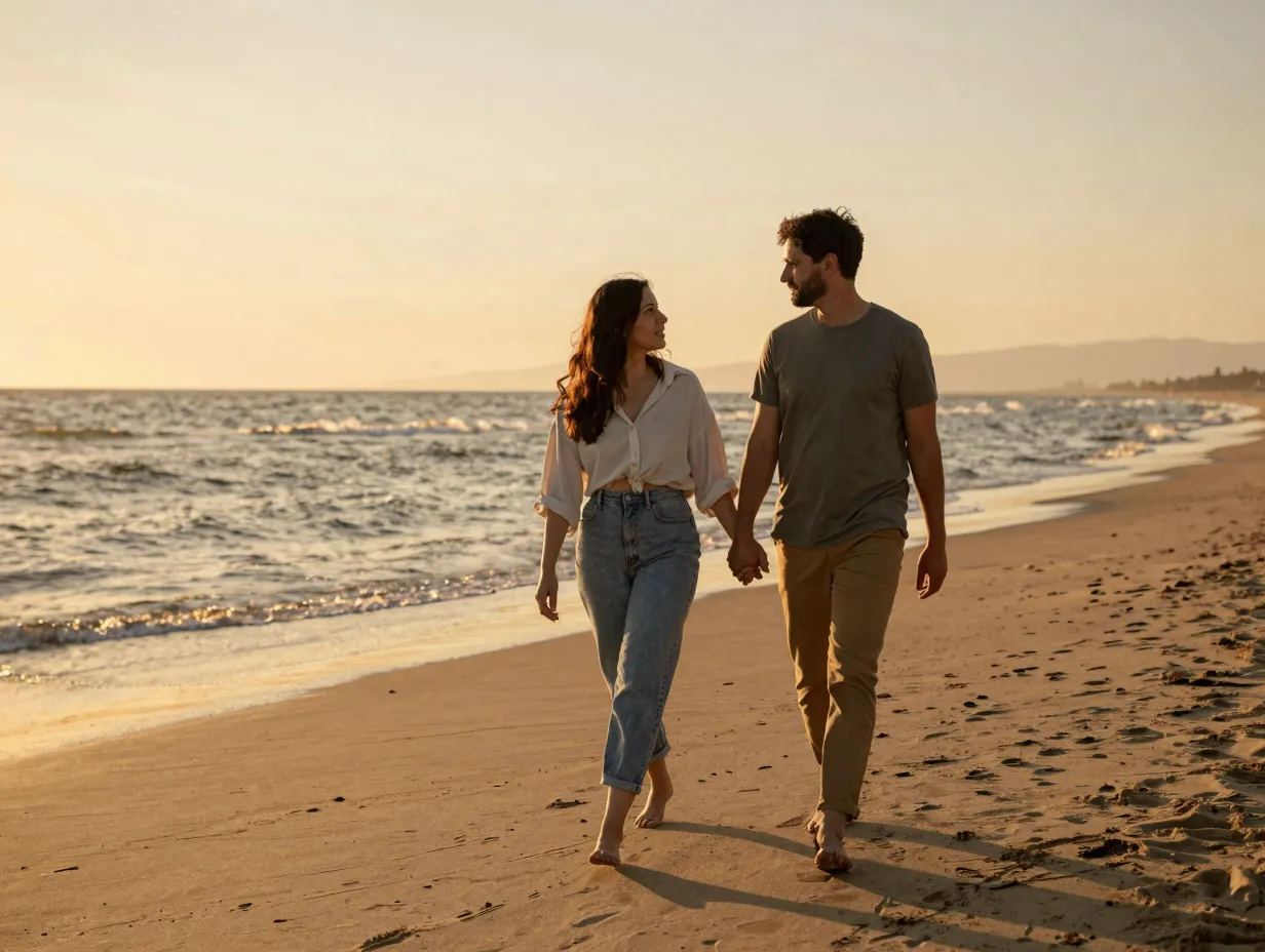 Couple walking hand in hand on sandy beach at golden hour