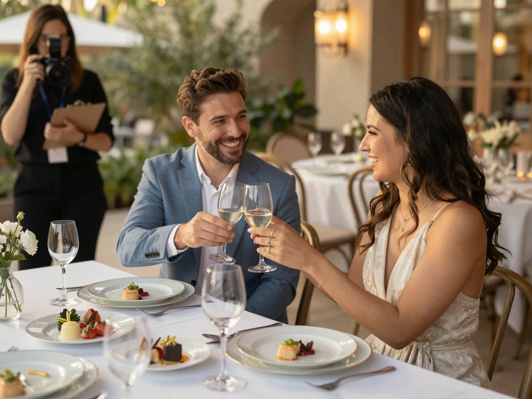 Groom and bride smiling with planner at elegant venue tasting table