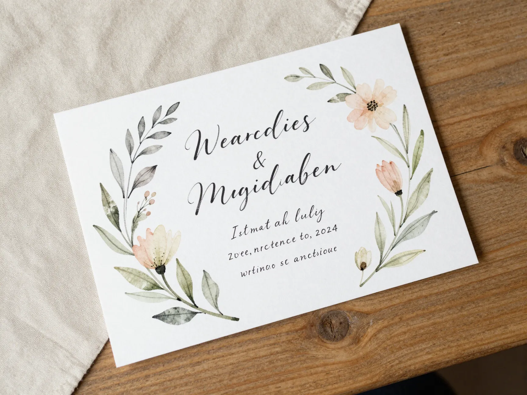 Hand drawn botanical illustration wedding invitation with watercolor florals