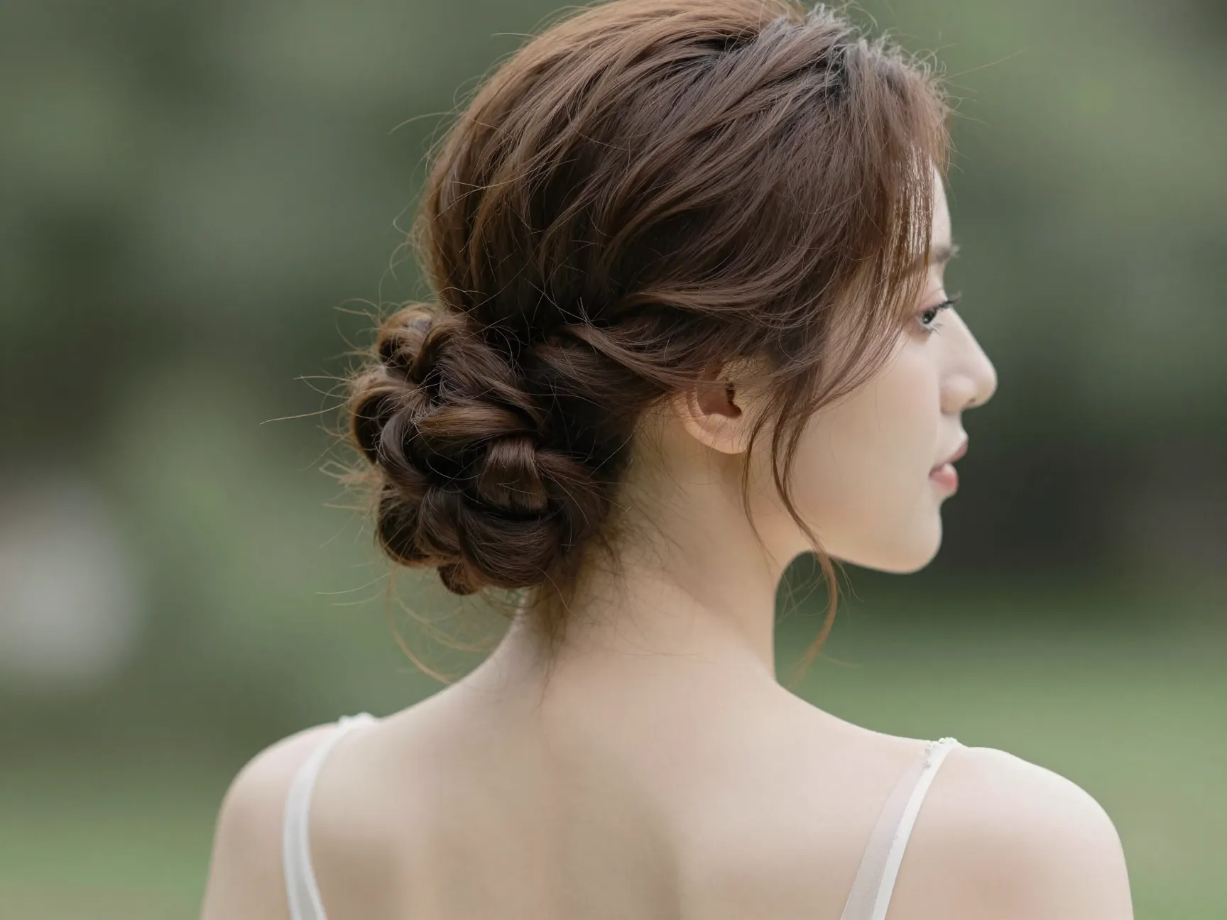 Romantic low bun with dimensional texture and face framing pieces