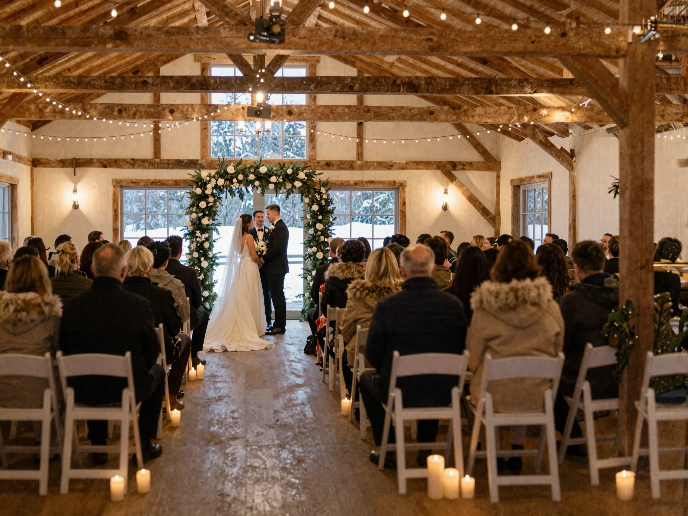 Cozy winter wedding ceremony in a softly lit rustic barn venue
