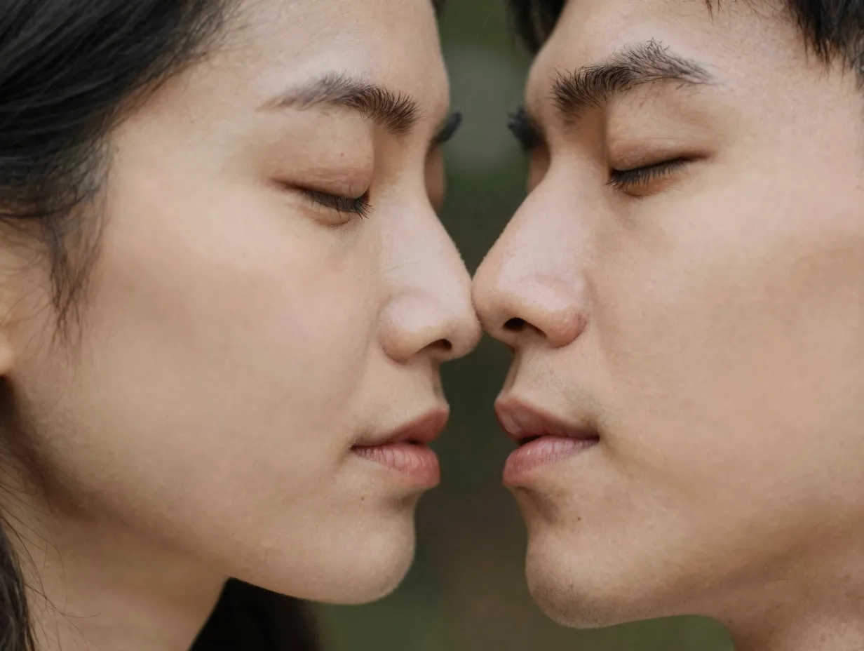 Intimate close up of couple doing gentle nose nuzzle pose