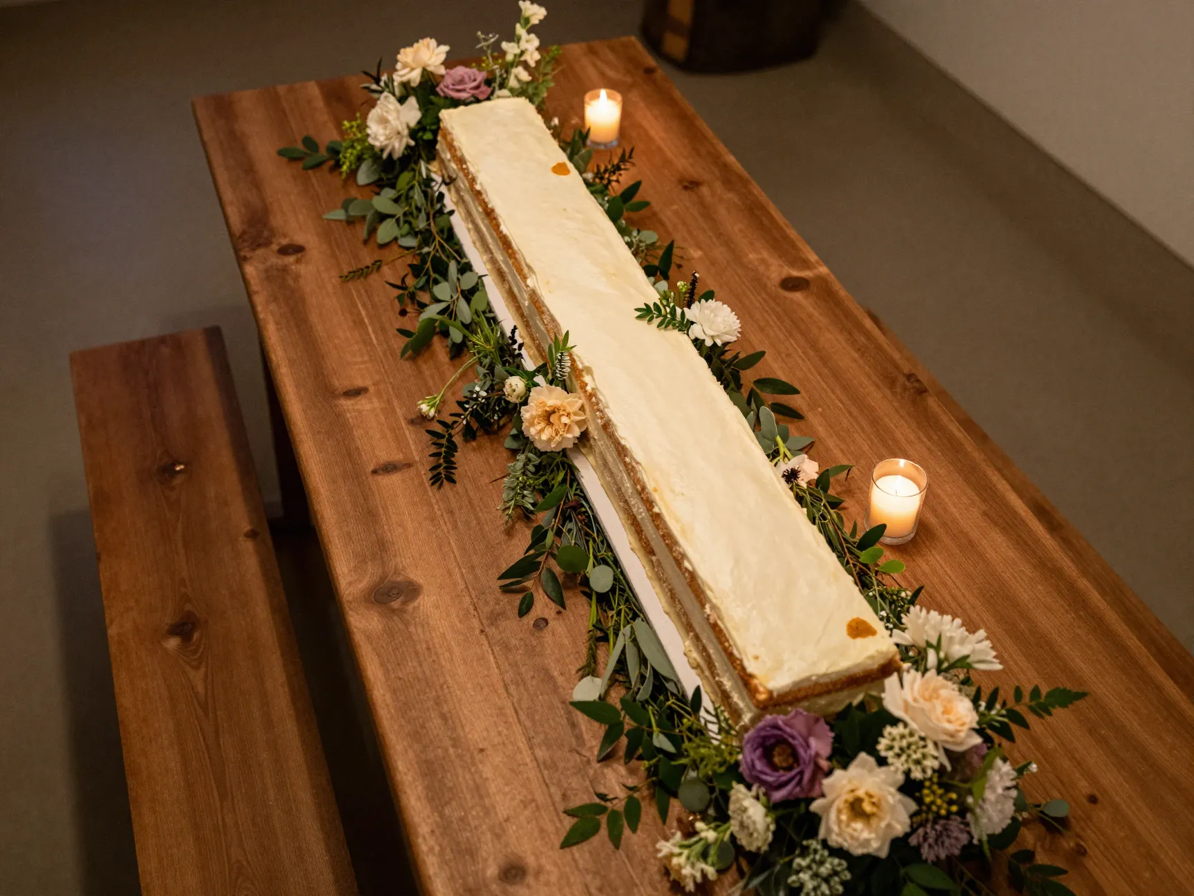 Long rectangular single tier wedding cake runner with fresh flowers on table
