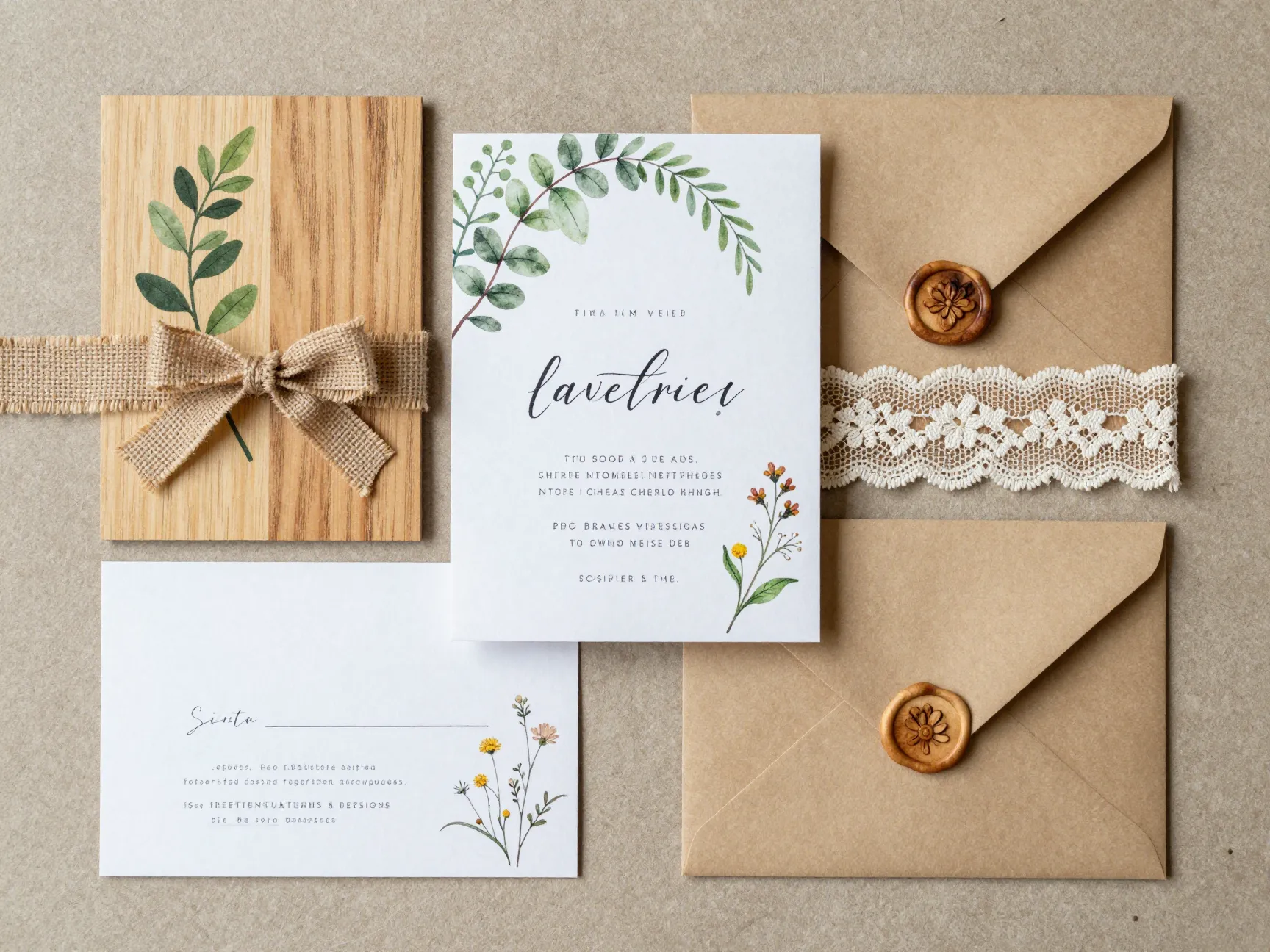 Send nature inspired invitations wood grain burlap lace wildflower stamp