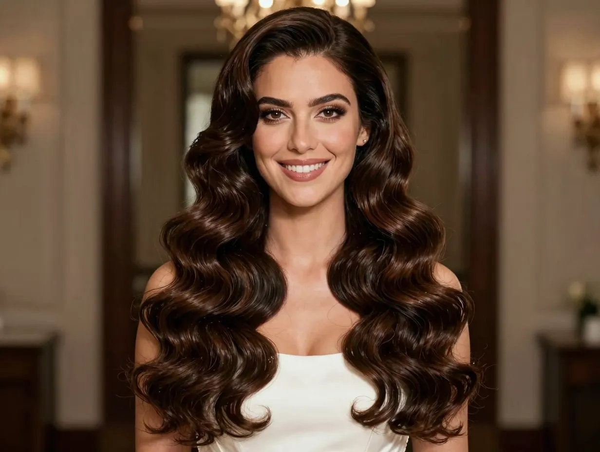 Structured hollywood waves cascading over brides shoulders with extensions