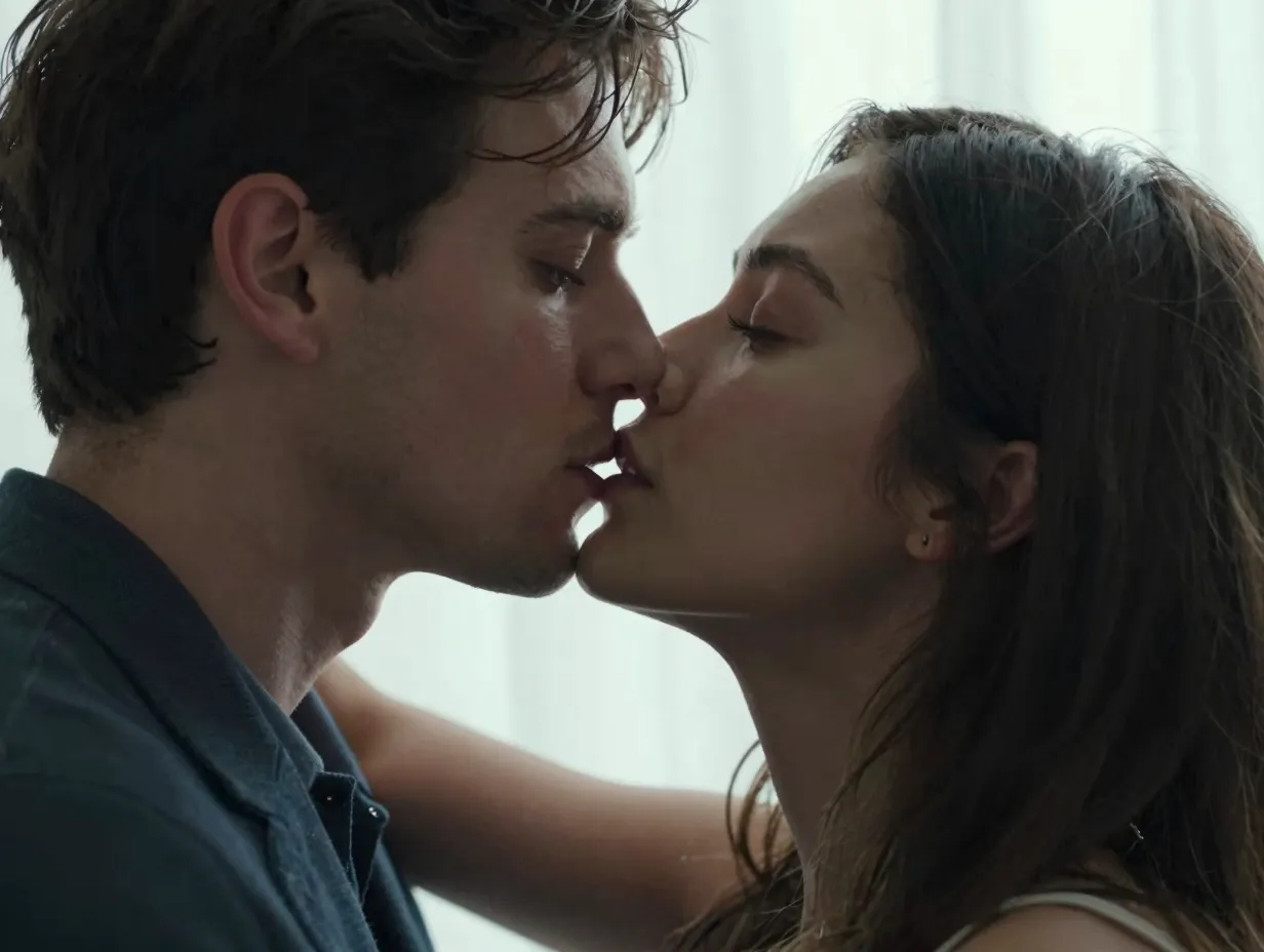 Couple leaning in for almost kiss moment with charged tension