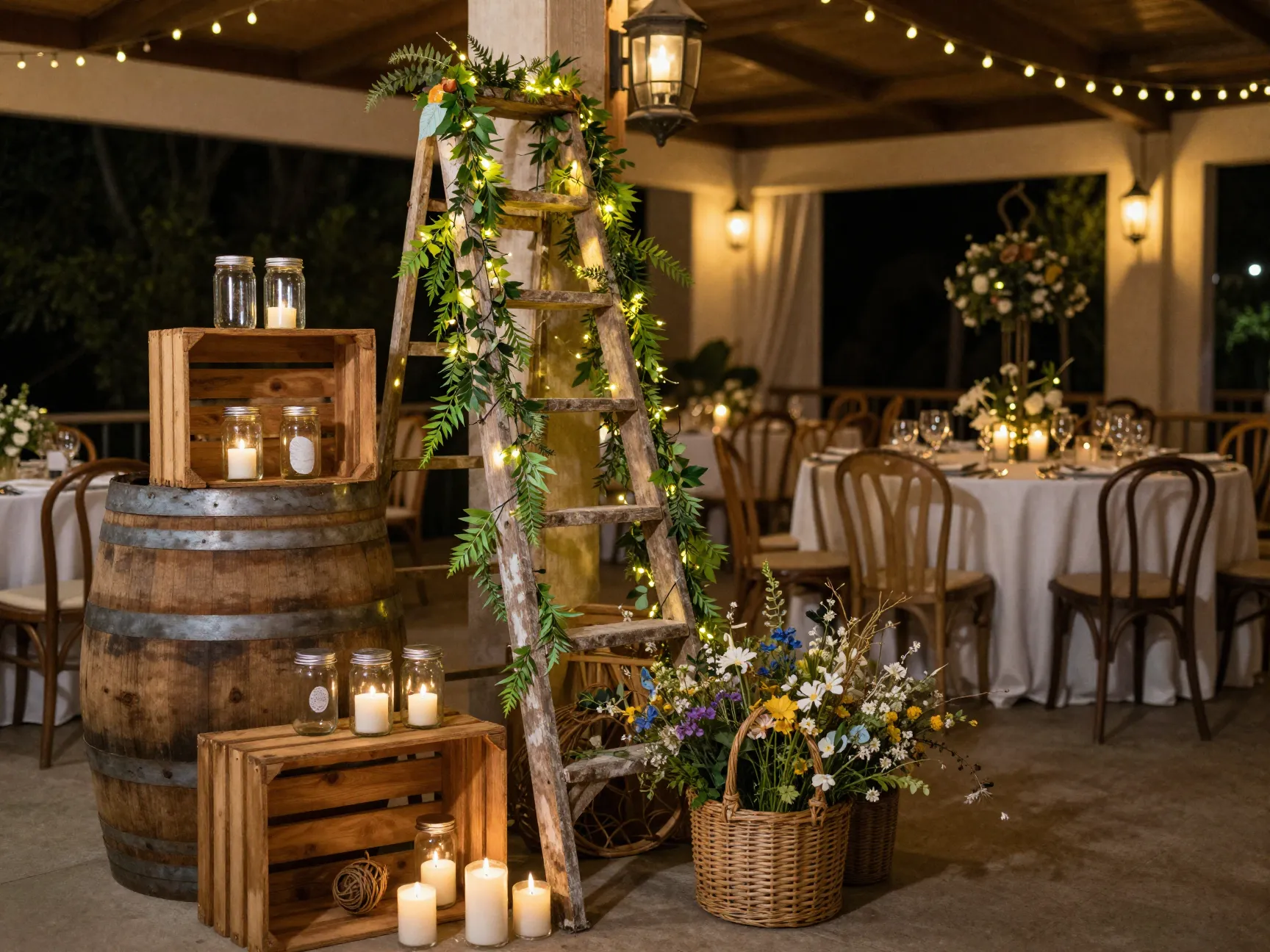 Decorate with handmade and repurposed elements crates barrels mason jars vintage ladder