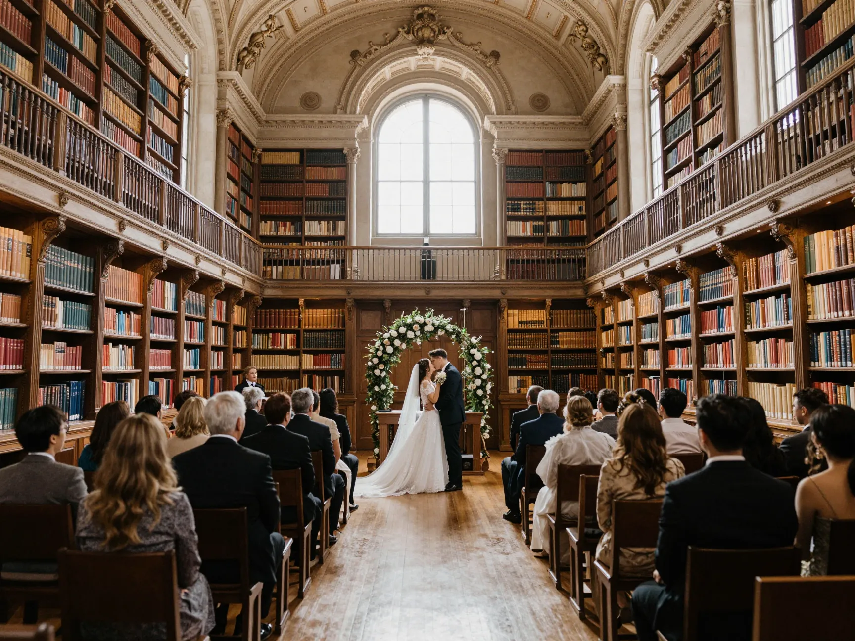 Bride and groom kissing in a sunlit historic library wedding ceremony