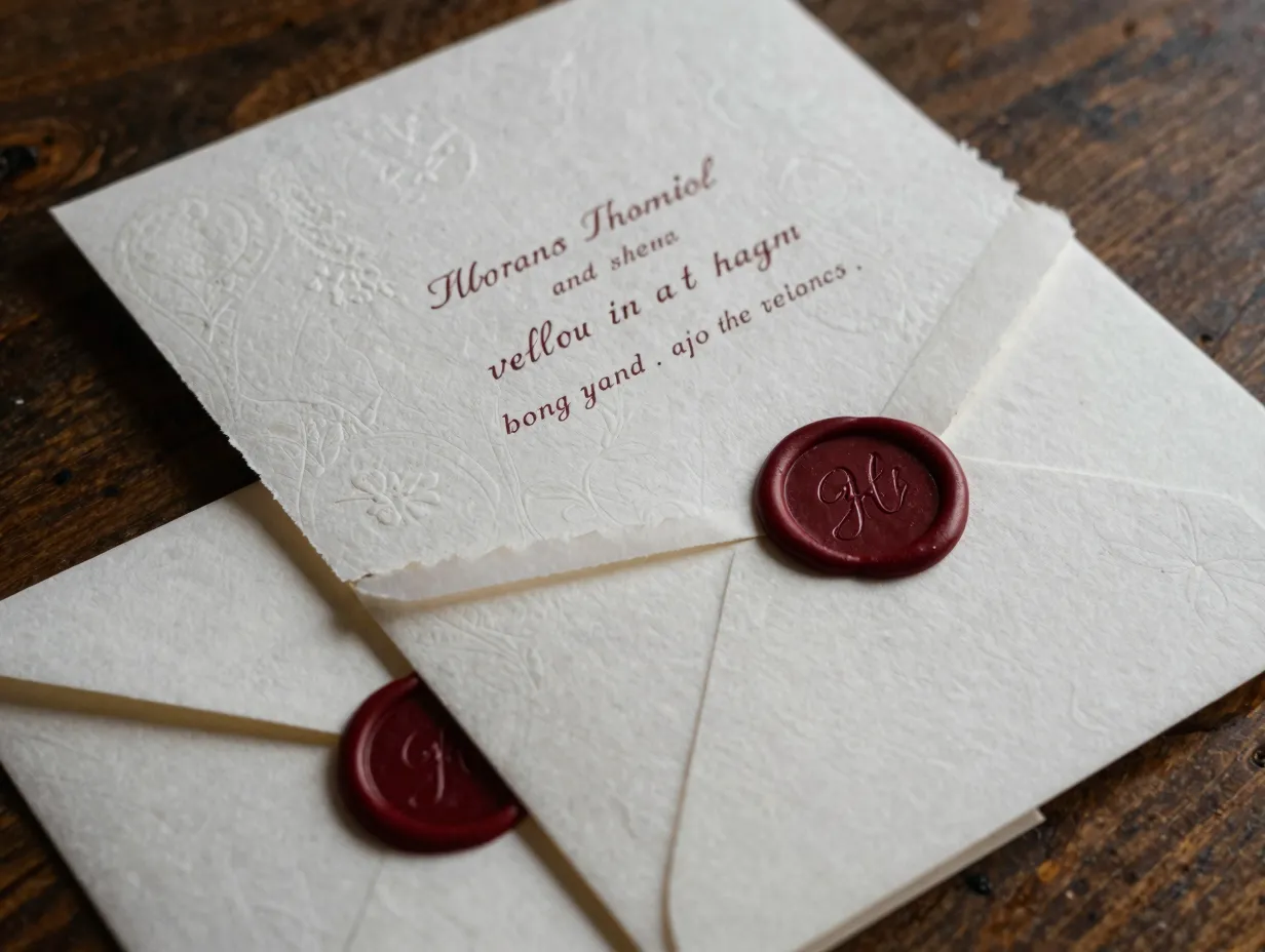 Textured keepsake wedding invitation with deckled edges and embossing