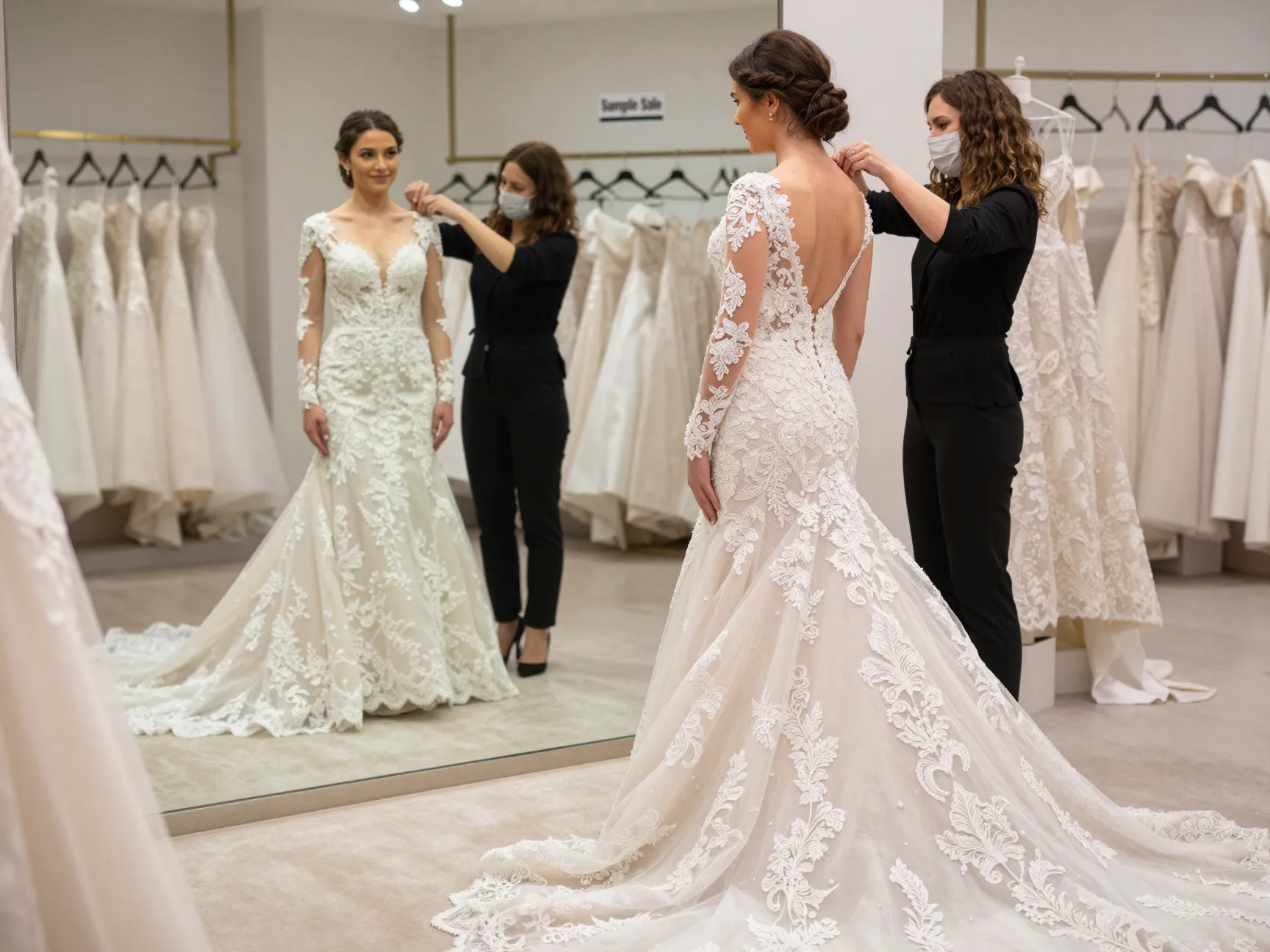 Bride in a luxurious preowned wedding gown admiring herself in a mirror
