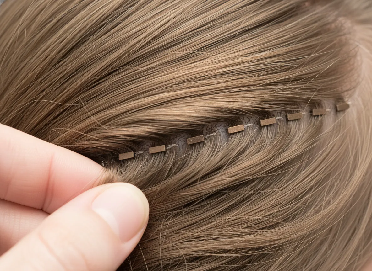 Close up of lightweight nano ring extensions attached to fine natural hair