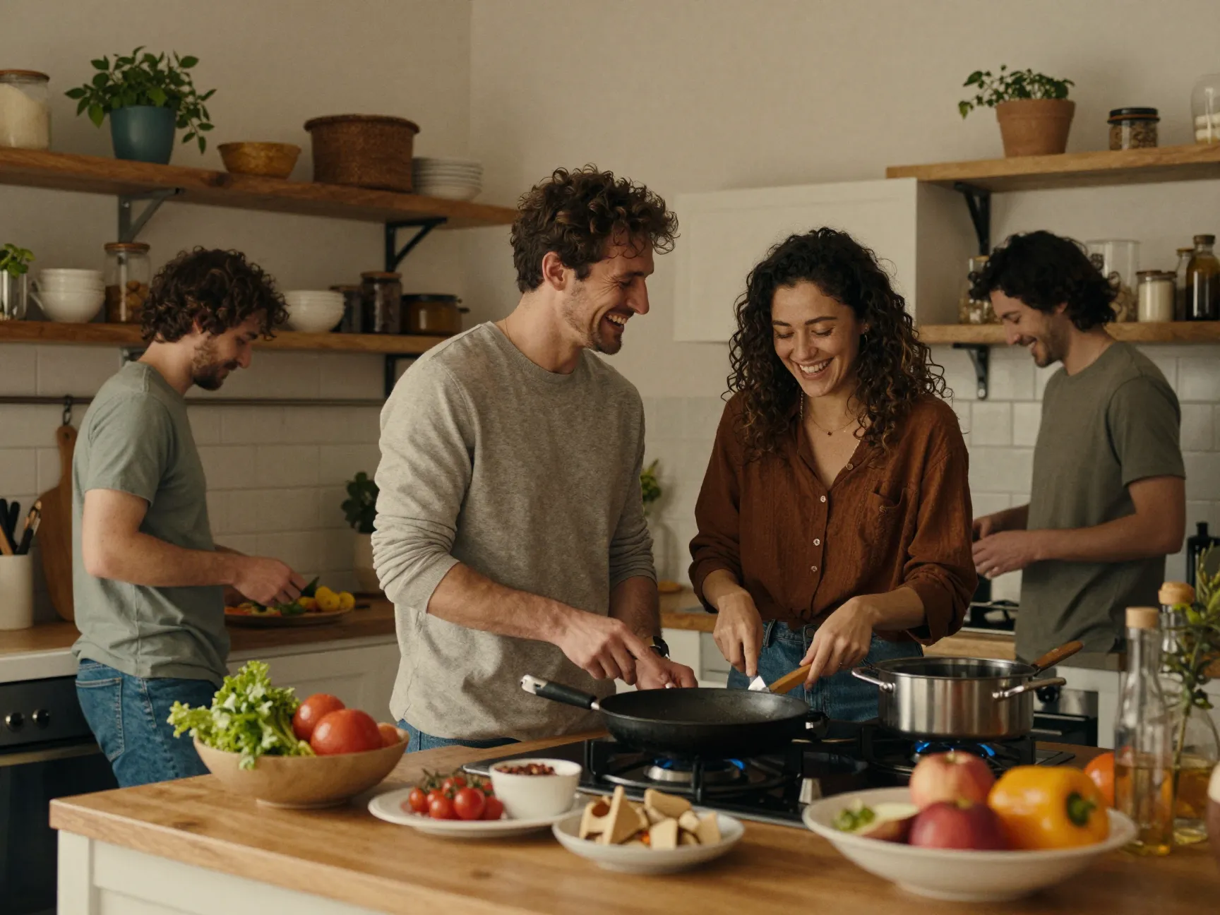 Couple cooking together in their own cozy kitchen lifestyle session