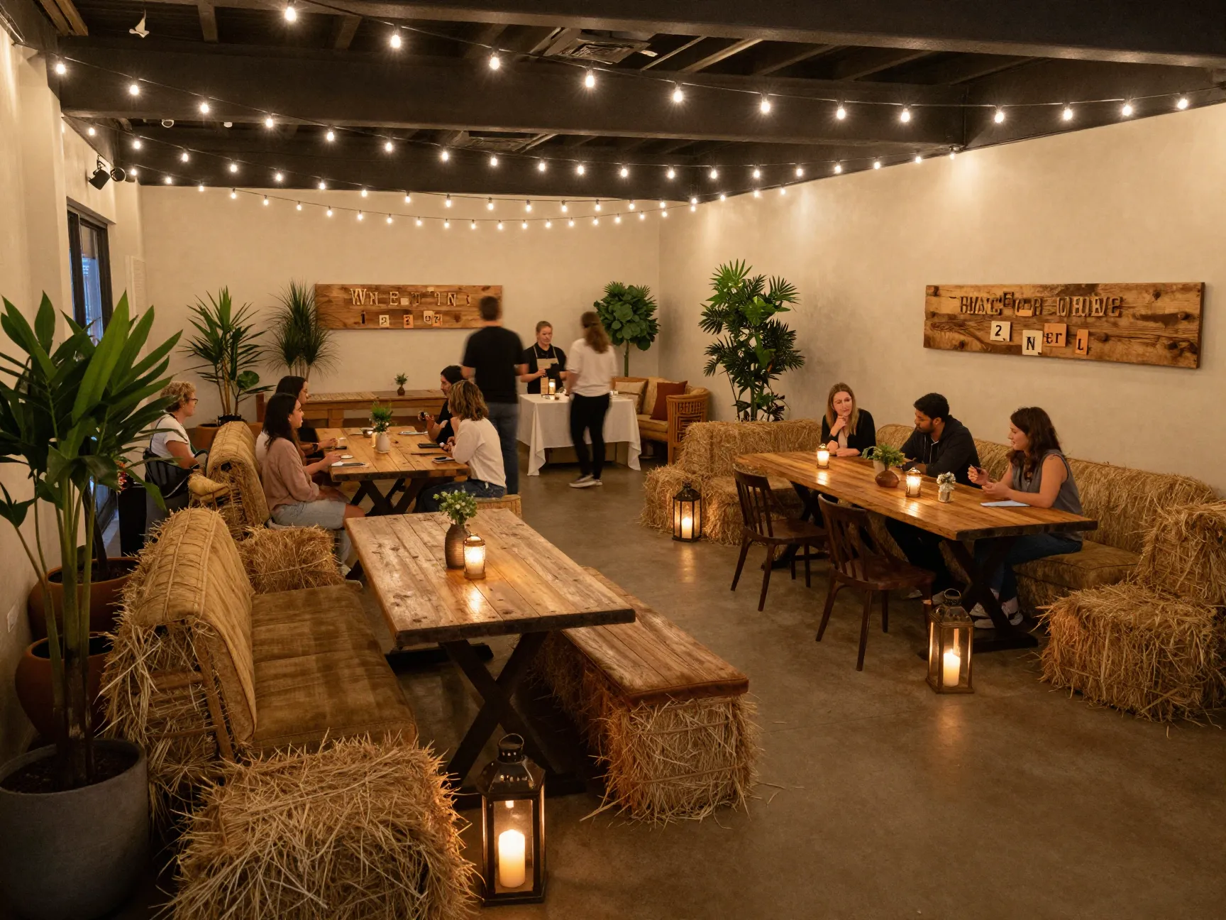Design a cozy and inviting reception layout long tables hay bales string lights