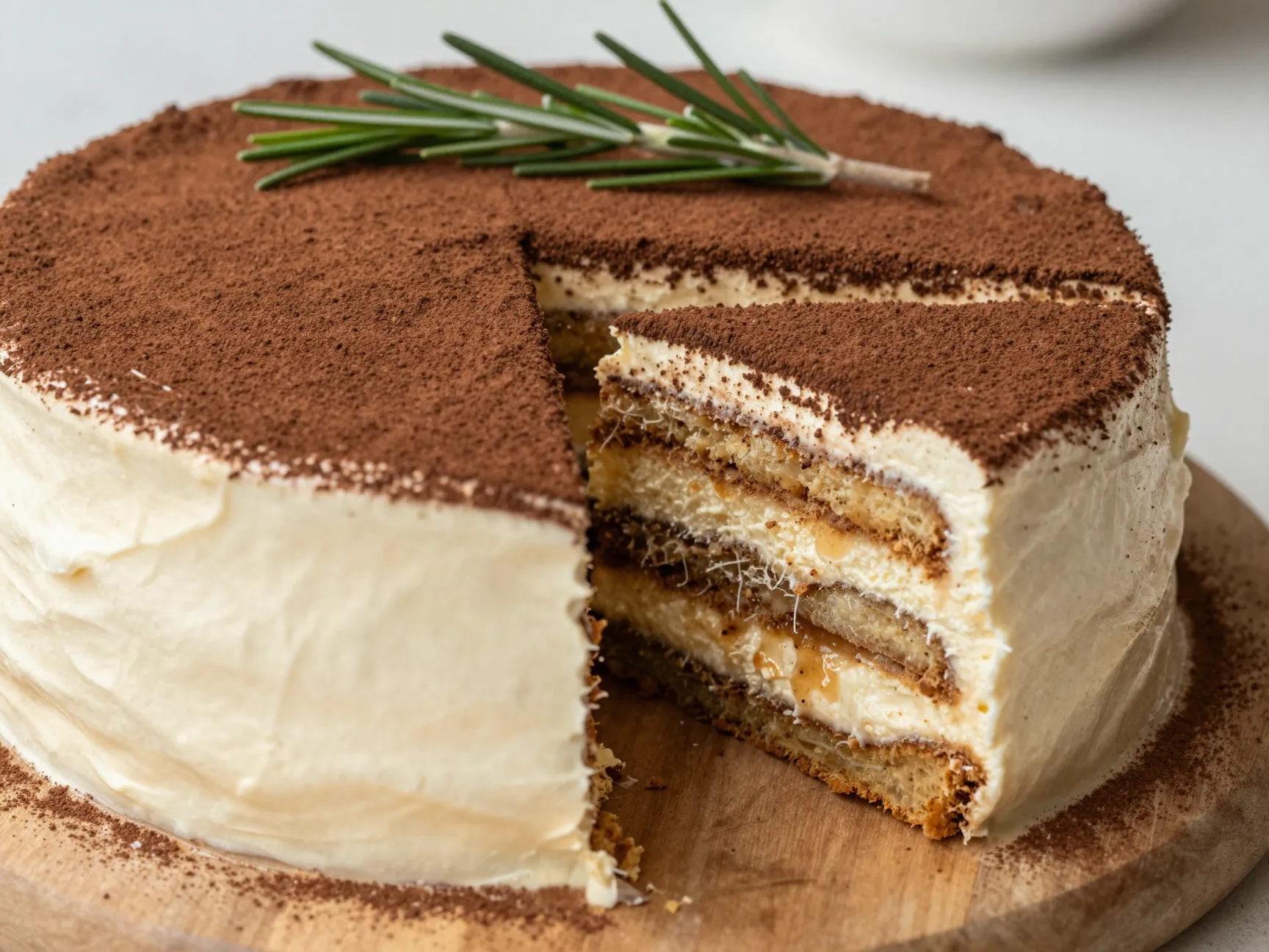Rustic tiramisu single tier cake with cocoa dusting and visible layers