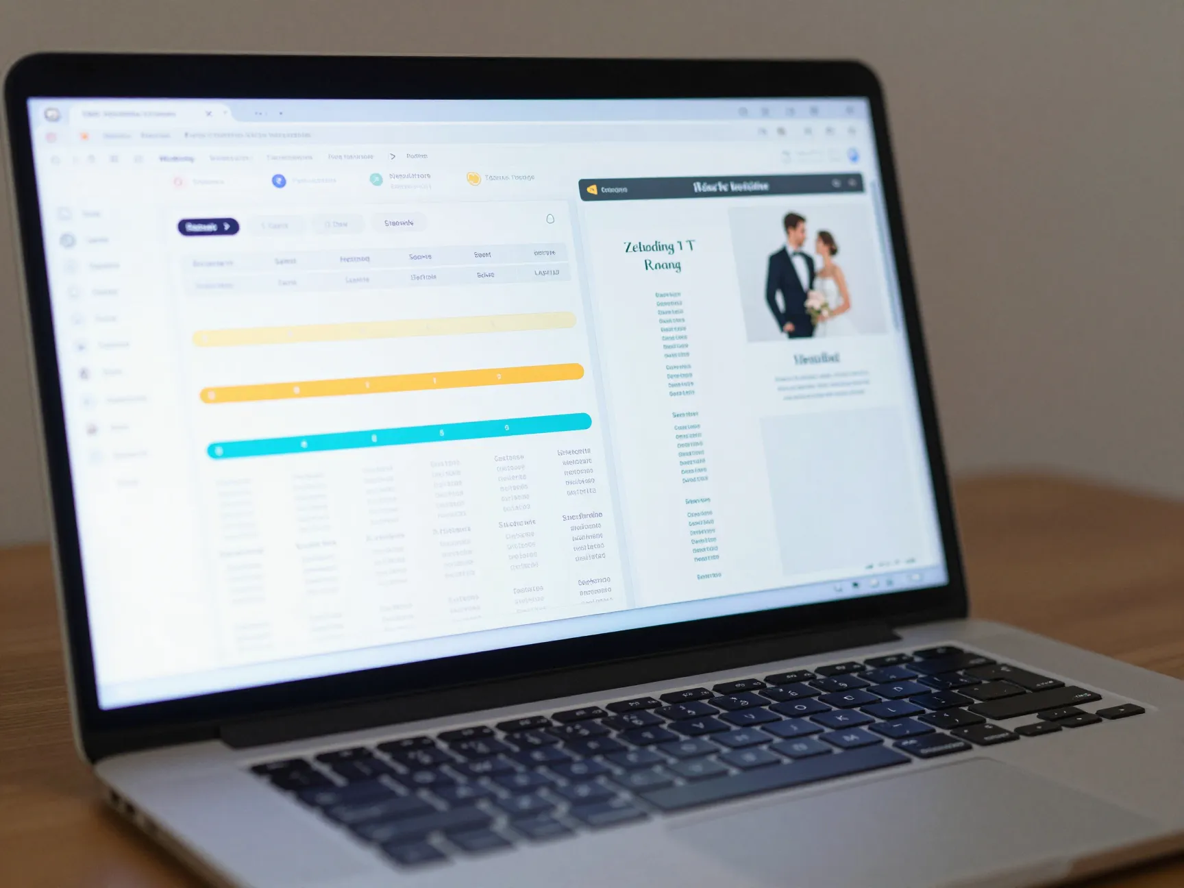 A laptop screen showing ai generated wedding timeline and seating chart