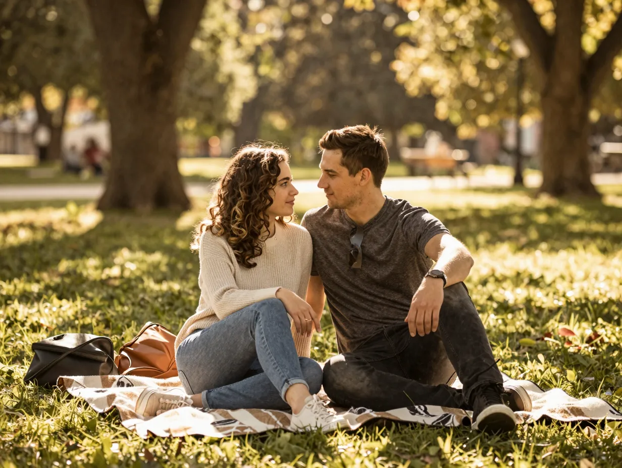 Couple sitting close together on a blanket in a sun dappled park