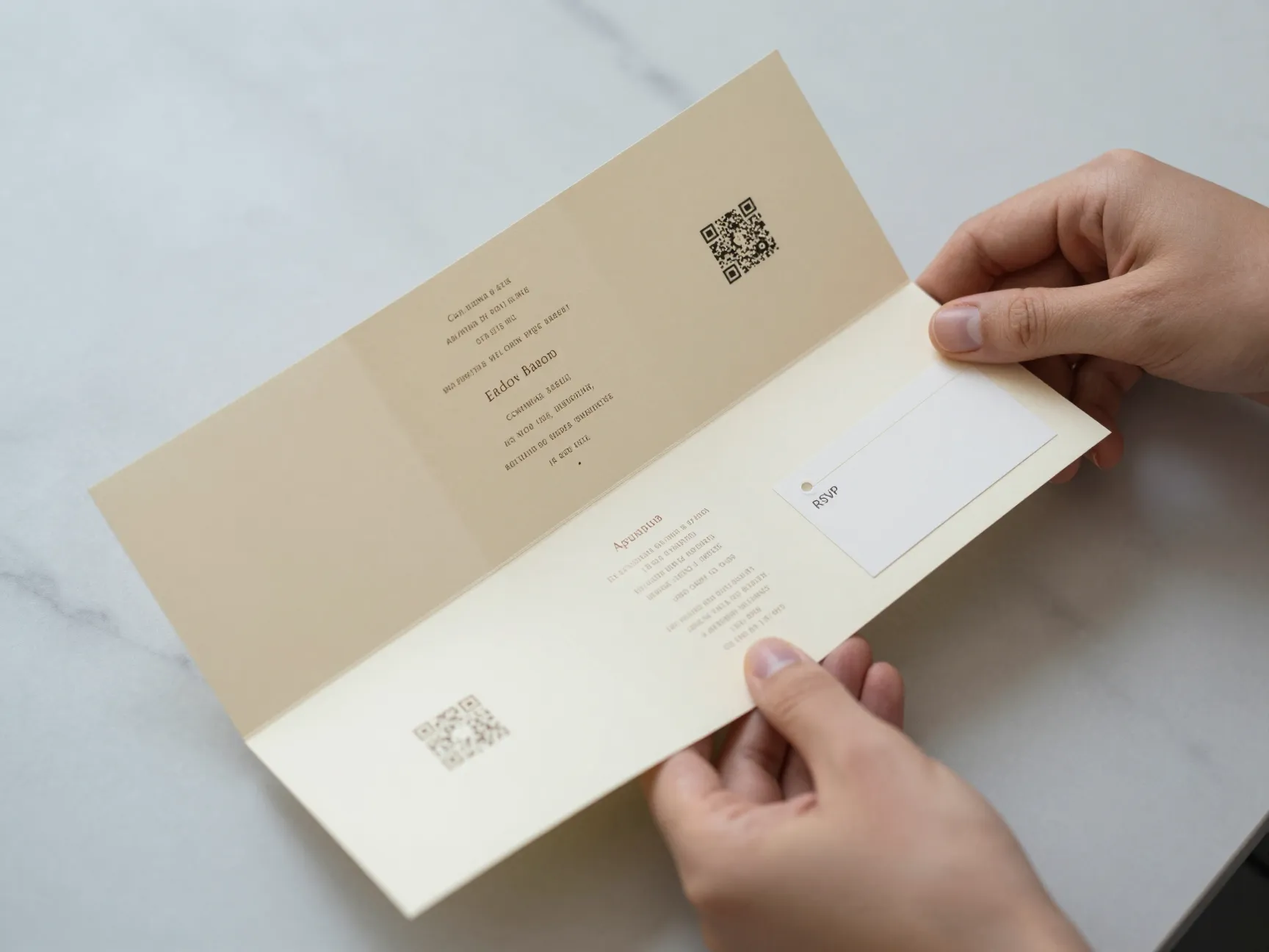 Interactive accordion fold wedding invitation unfolding to reveal details