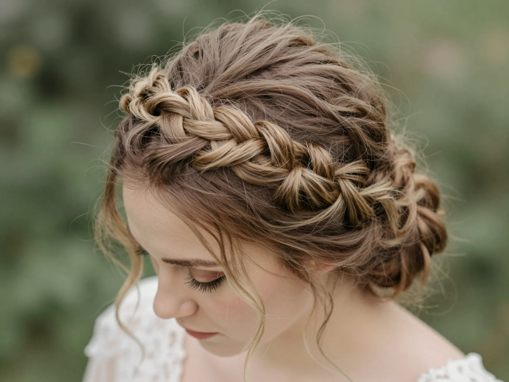 Romantic upswept braided crown with loose waves and textured extensions