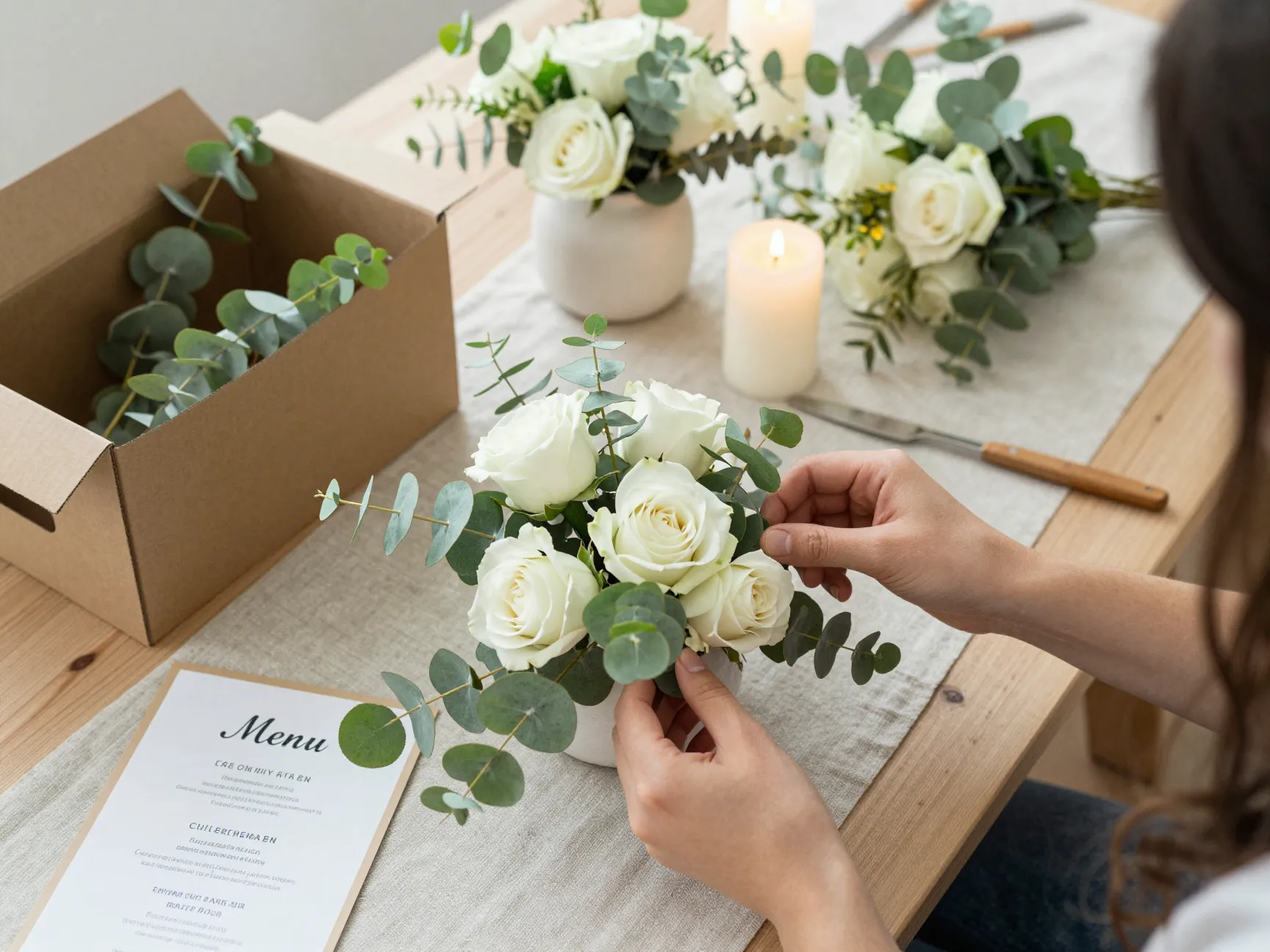 Hands assembling simple elegant diy floral centerpiece with candles