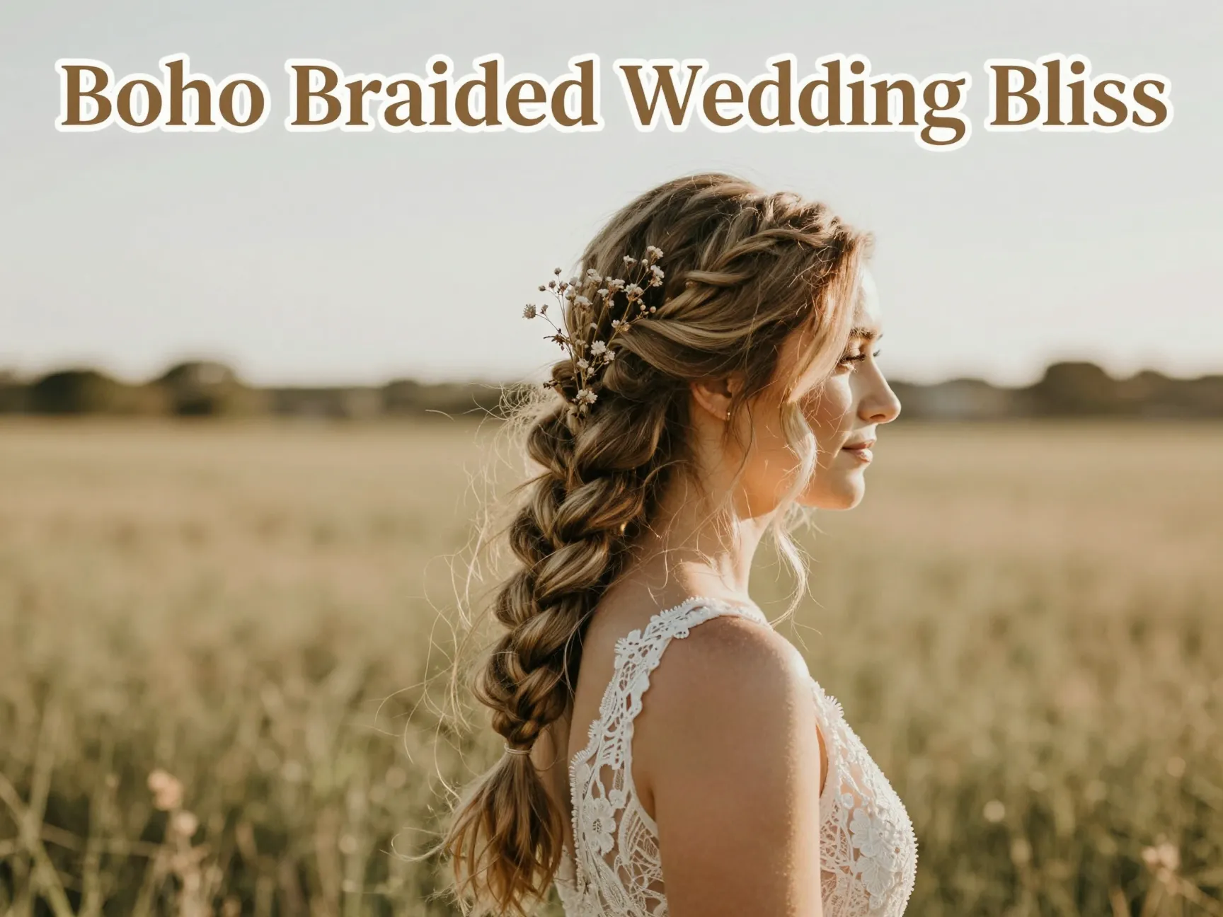 Bride side profile loose fishtail braid dried flower soft waves