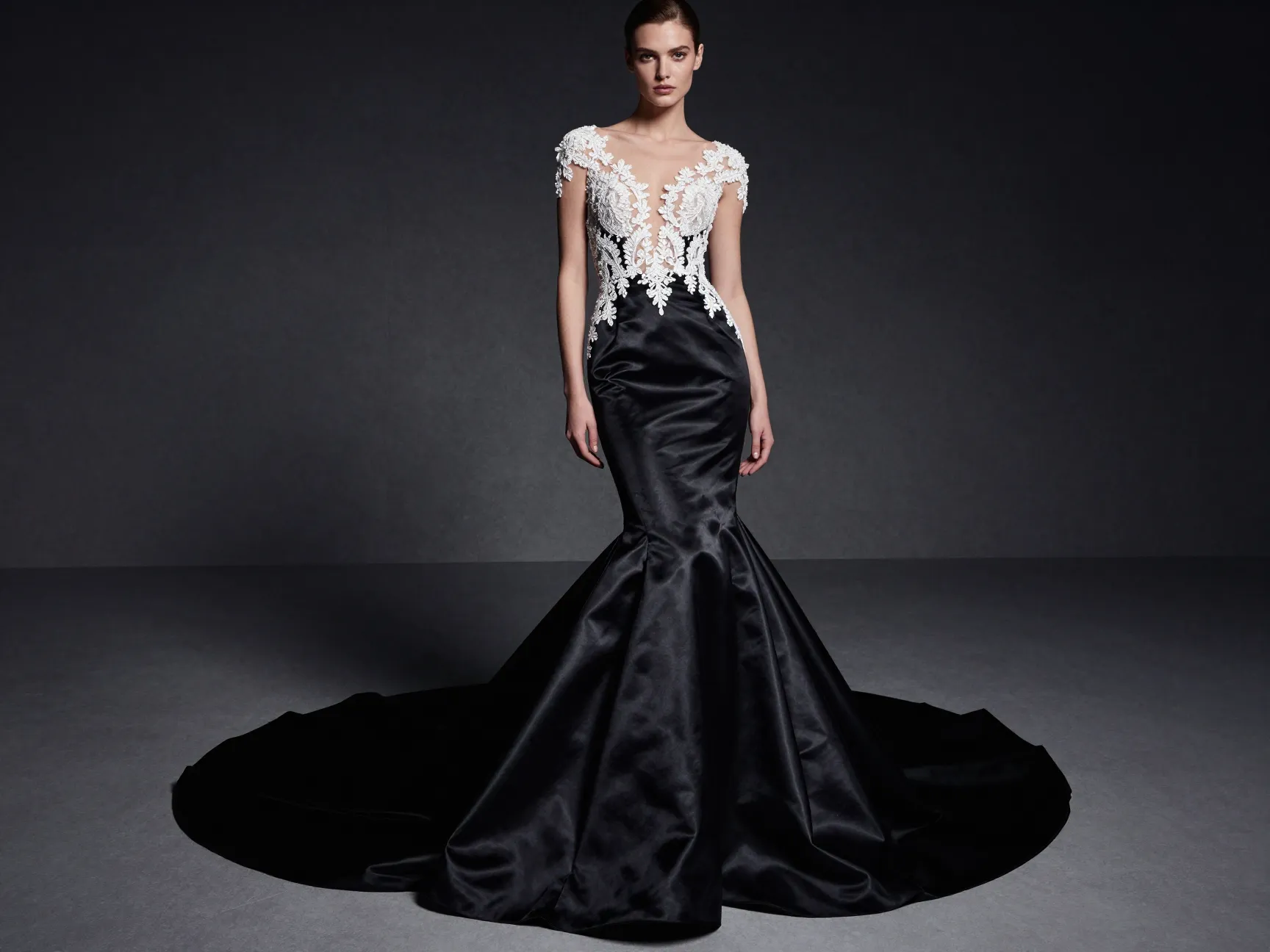 Black wedding dress mermaid silhouette liquid satin fabric dramatic entrance