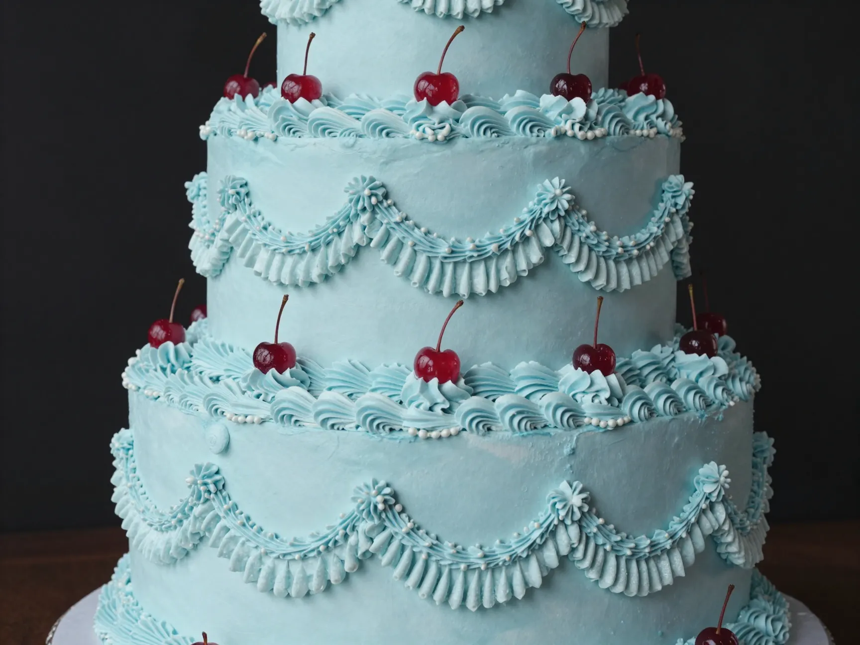 Vintage lambeth wedding cake intricate blue piping cherry accents