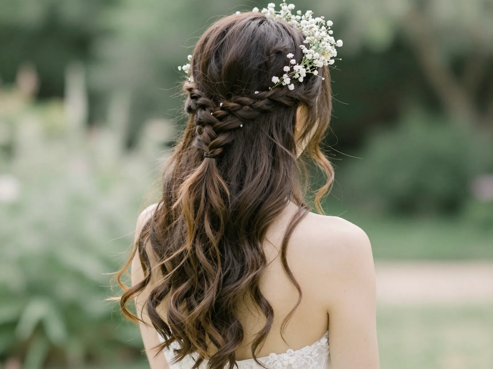 Waterfall braid with loose strands and floral crown in garden